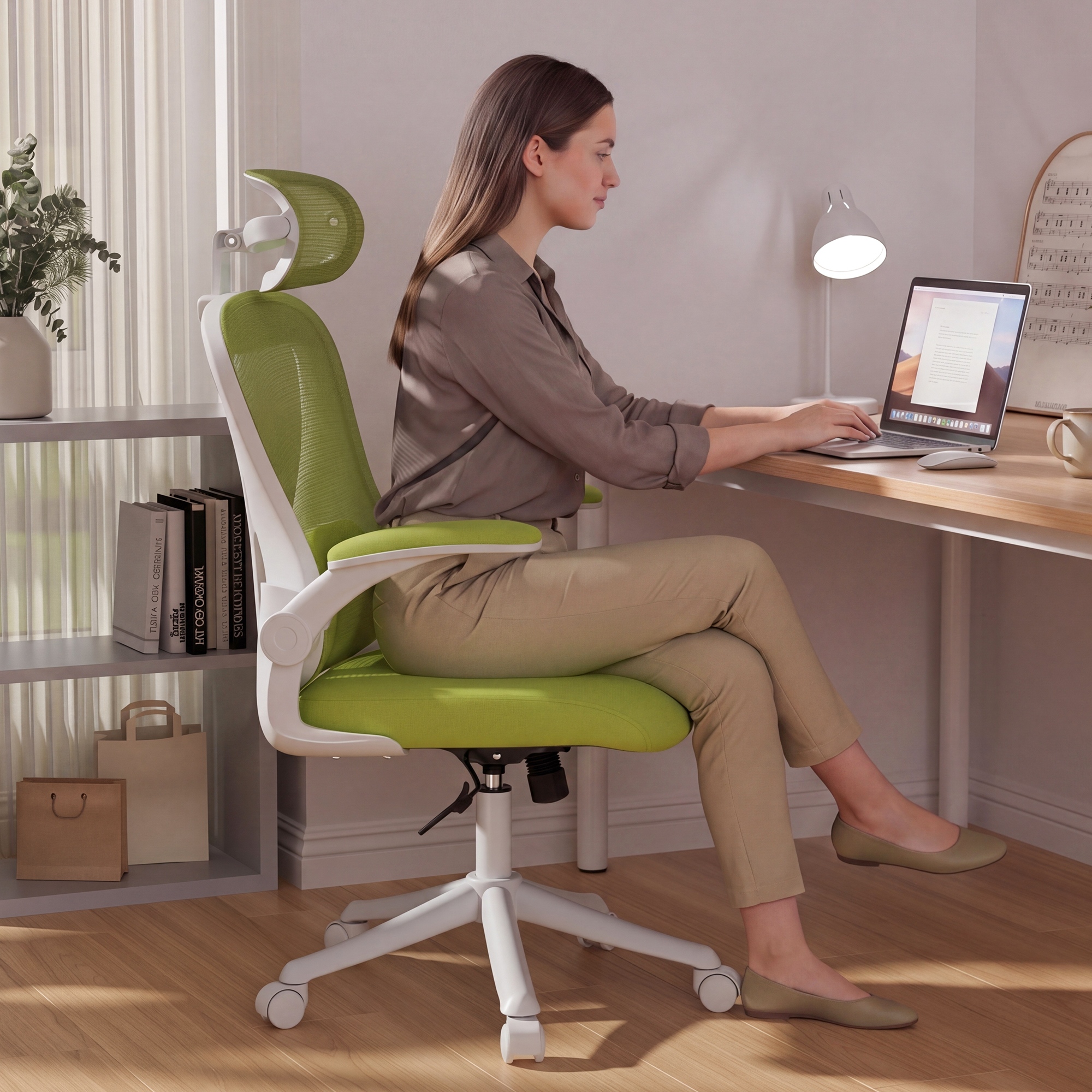 thumbnail video image 2 of Ninecer Ergonomic Mesh Office Chair with Memory Foam Seat, Computer Desk Chair with Adjustable Lumbar Support & 3D Headrest, 90°Flip-up Arms, Green, 2 of 9