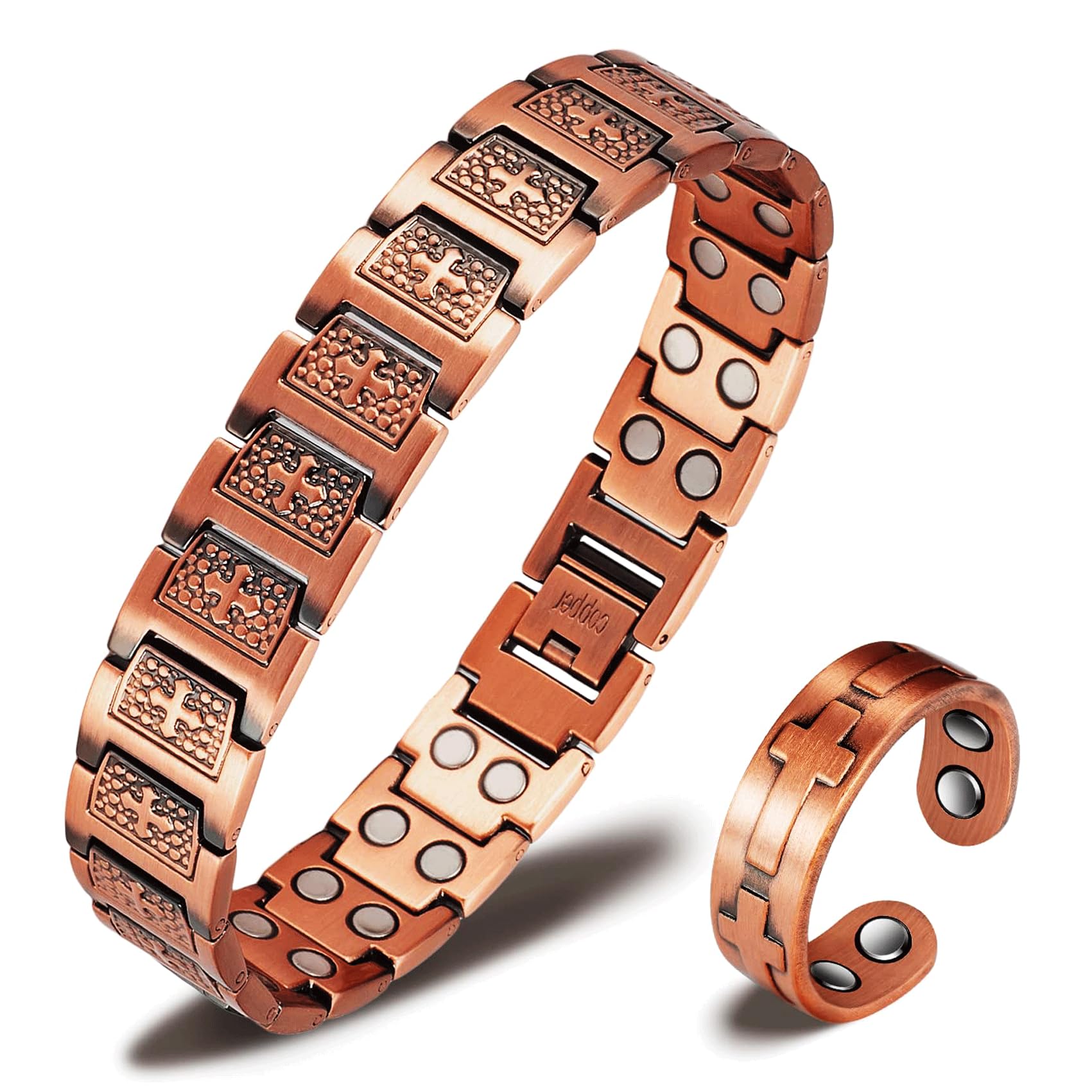 thumbnail video image 2 of Wollet Magnetic Cross Copper Link Bracelets for Men+ Copper Cross Rings, Set of 2, 2 of 9