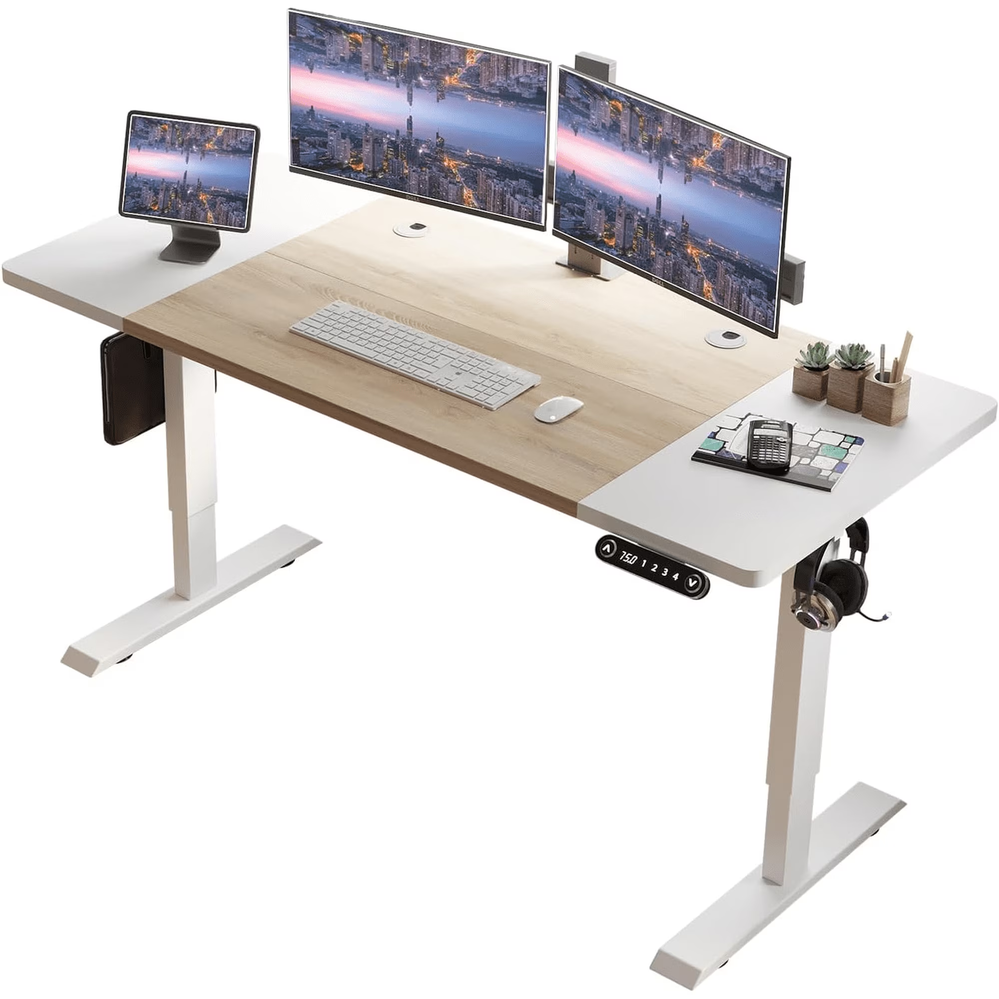 thumbnail video image 2 of Electric Height Adjustable Standing Desk, 63x 30 Inches Stand Up Desk Workstation, Splice Board Home Office Computer Standing Table Ergonomic Desk (White+ Oak, 63x30''), 2 of 10