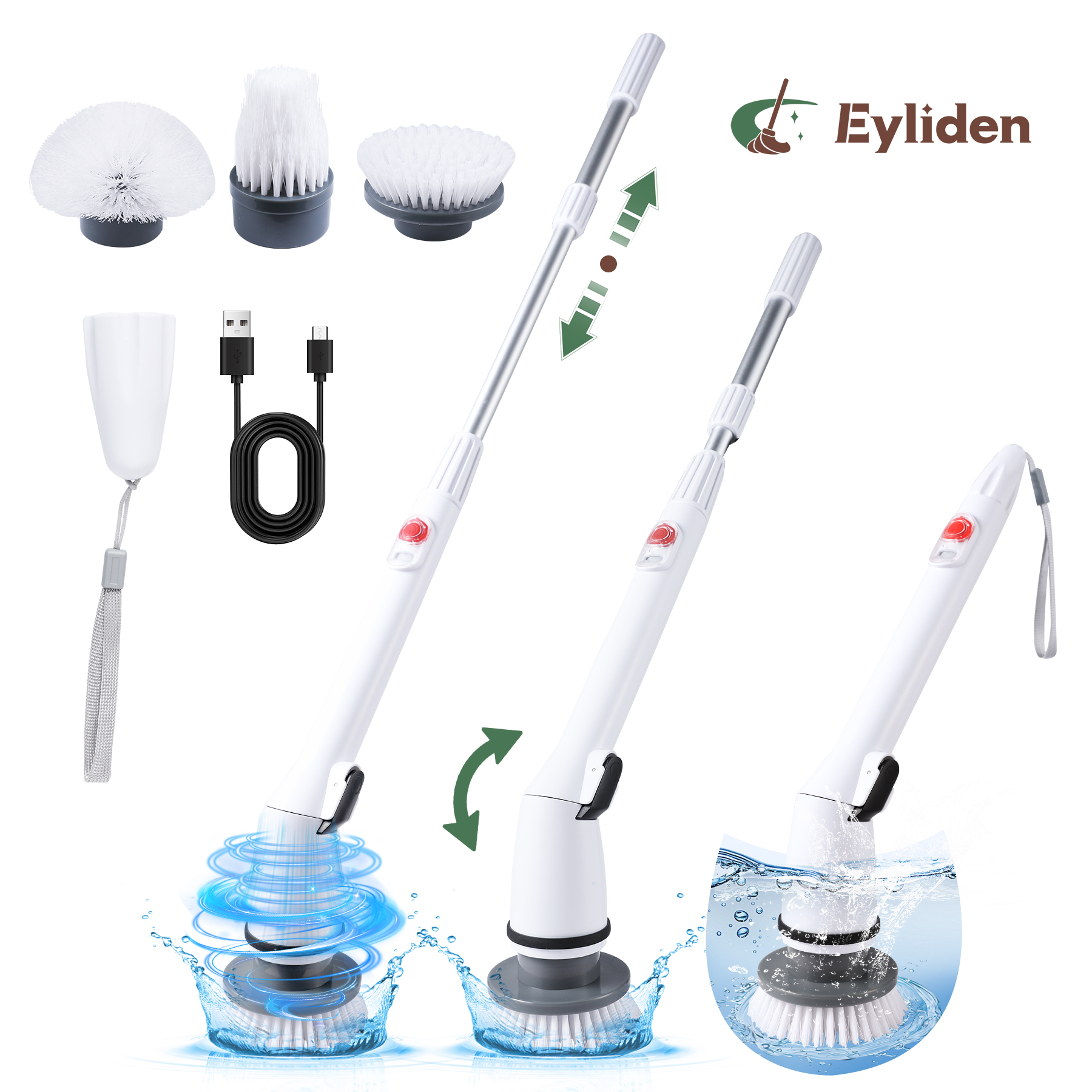 thumbnail video image 2 of Eyliden 360 Electric Spin Scrubber, Cordless Cleaning Brush with3 Replaceable Heads, White, 2 of 10