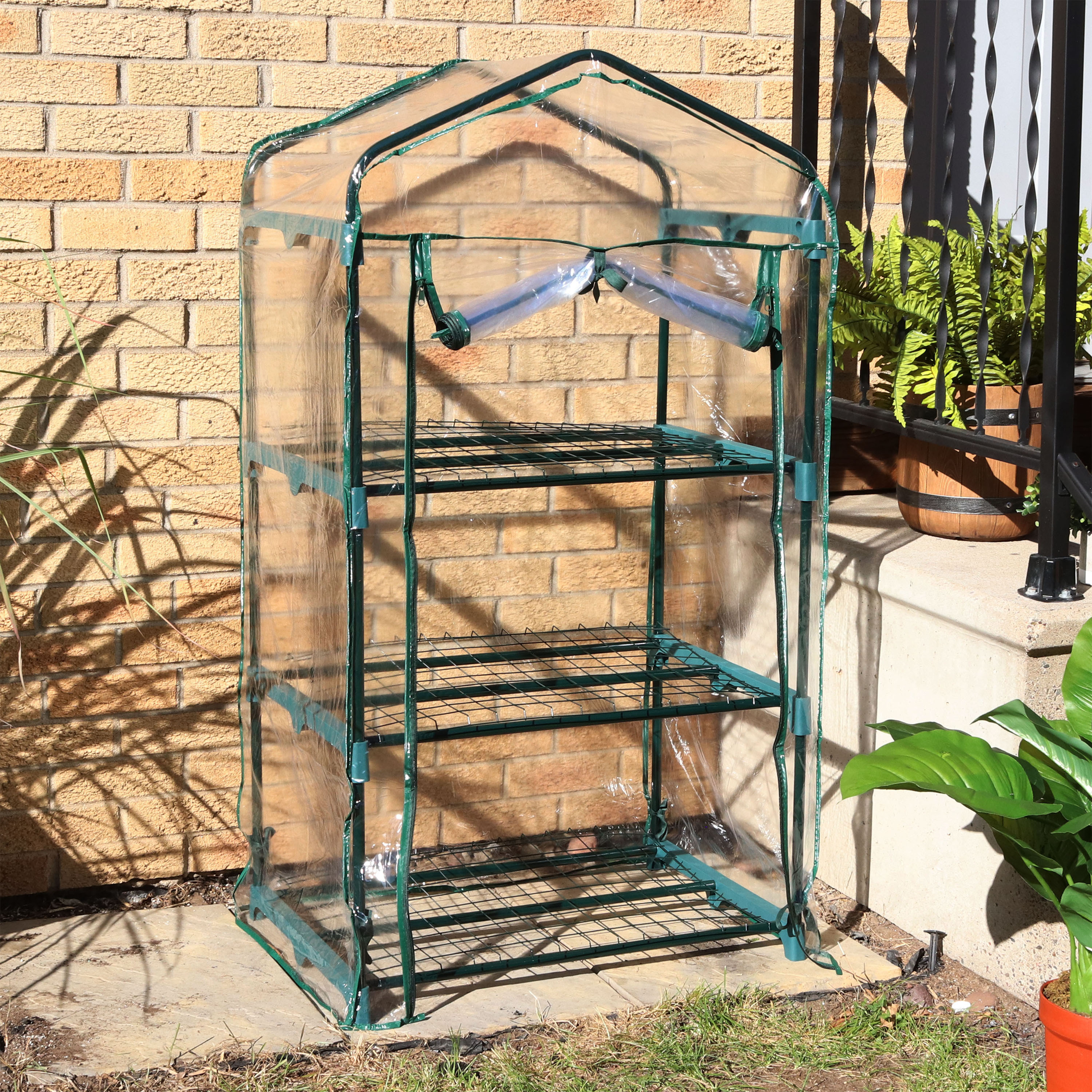 thumbnail video image 2 of Sunnydaze 2' x 1.5' x 4' Outdoor Portable 3-Tier Mini Greenhouse, Clear Cover, 2 of 12