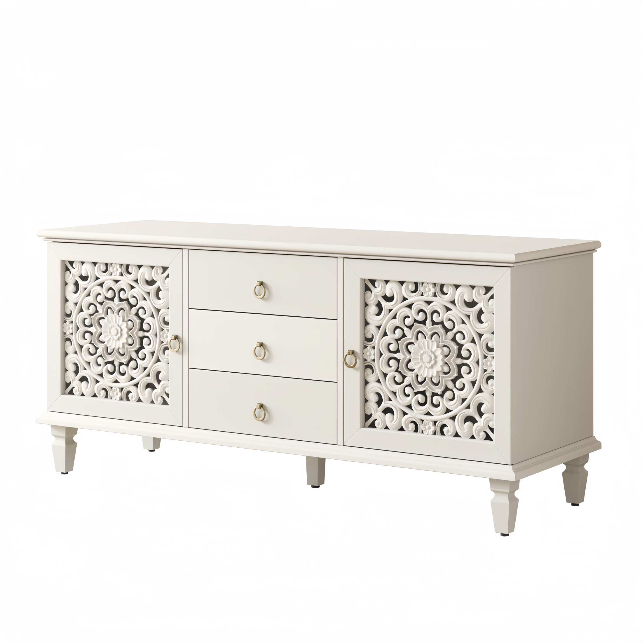 thumbnail video image 2 of Atumcto Farmhouse TV Stand with Carved Doors, 3 Drawers & Adjustable Shelves, White, 2 of 11