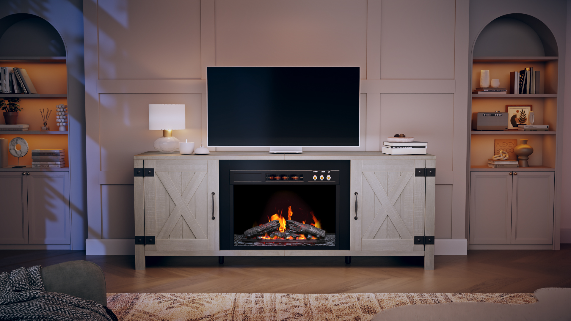 thumbnail video image 2 of Bestier 63" Fireplace TV Stand with 23" Electric Fireplace for TVs up to 70" Farmhouse Barn Door Entertainment Center with Heater & RGB Lights for Living Room , Black, 2 of 11