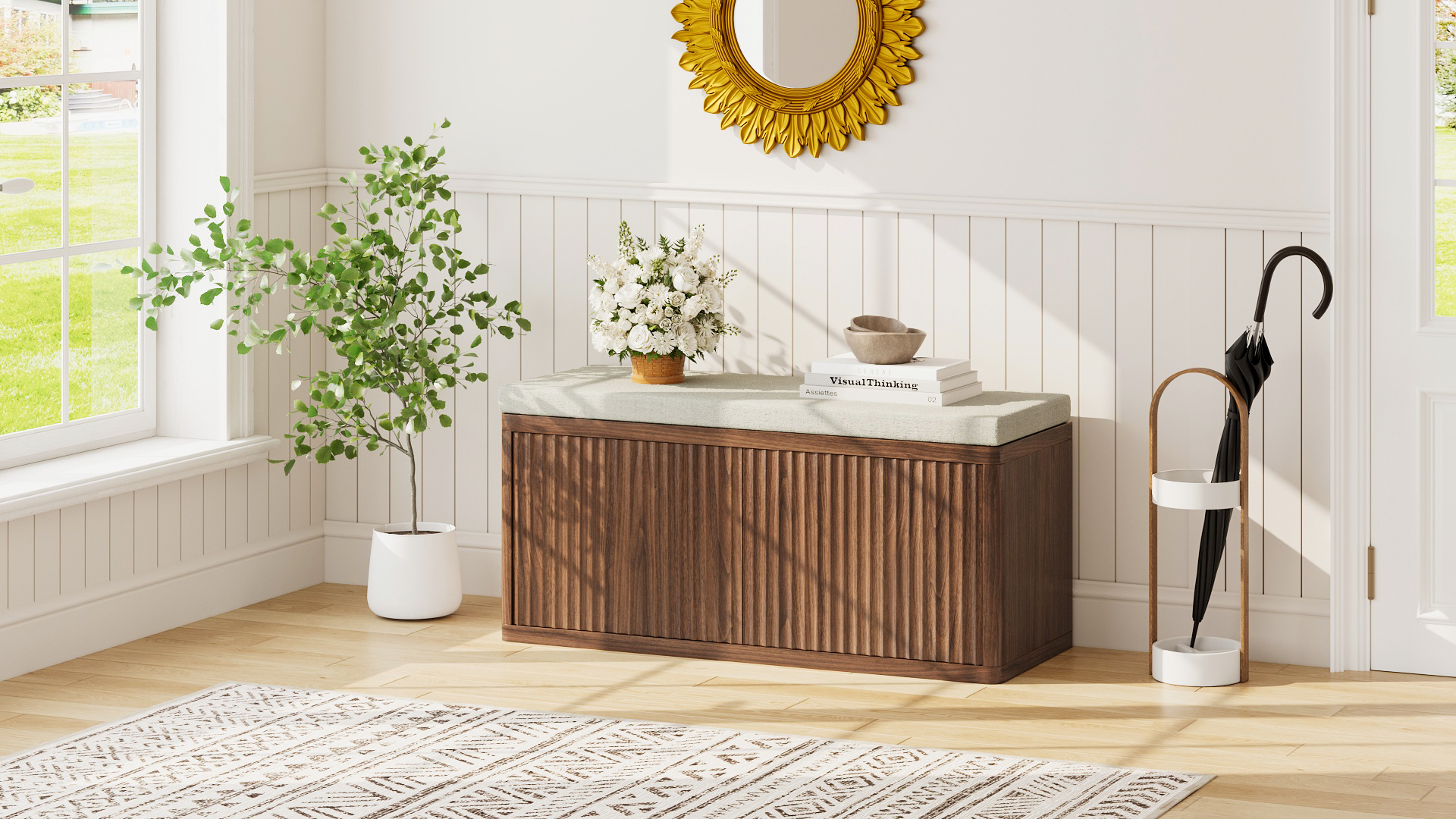 thumbnail video image 2 of Pusnapku 37" Fluted Shoe Storage Bench, Wood Bench Seat with 2 Doors, Shelves, Cushion, Modern Hidden Shoe Storage for Hallway, Entryway, Living Room, 2 of 10