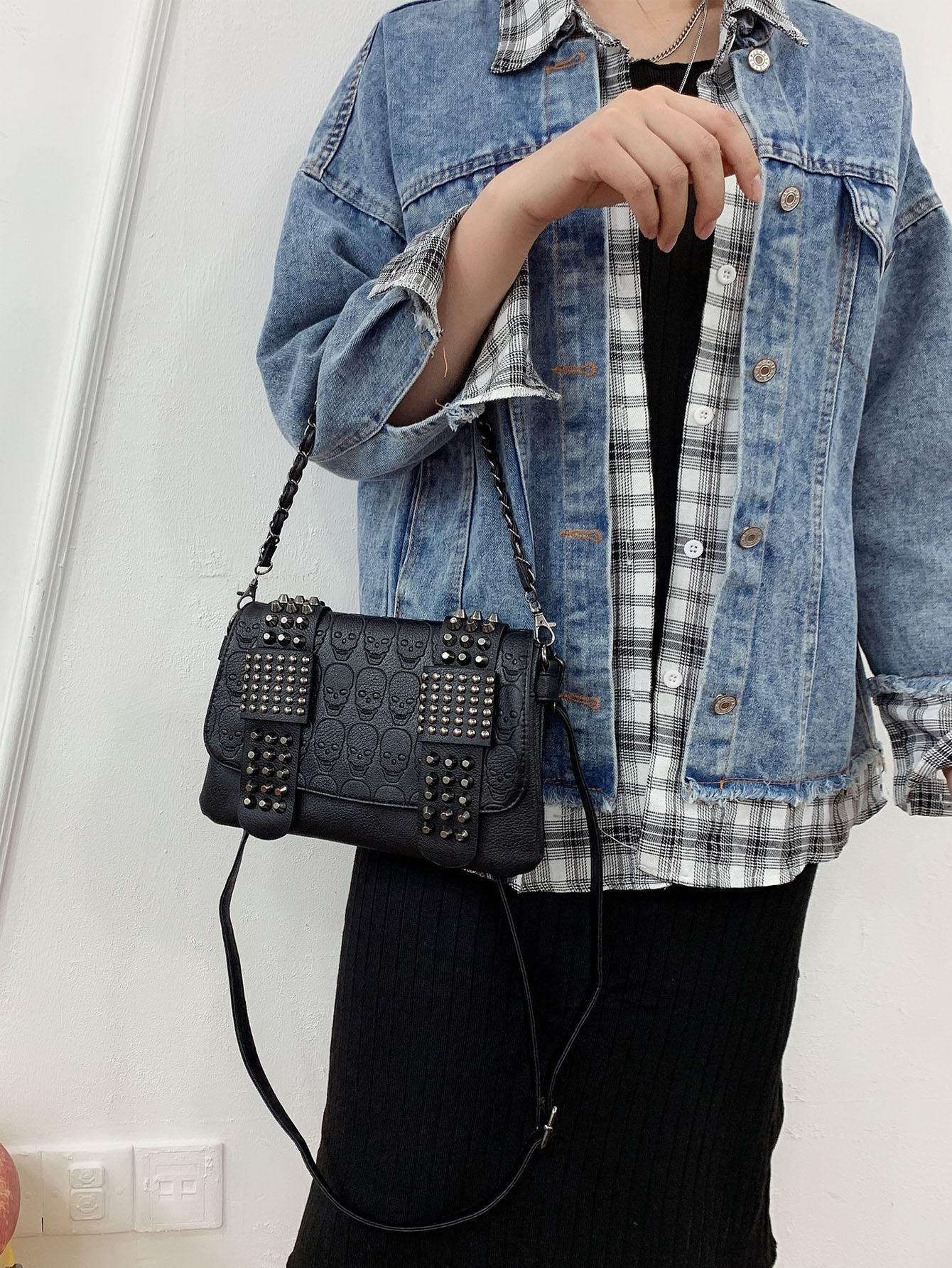 thumbnail video image 2 of Gothic Skull Embossed Crossbody Bag with Studded Straps, Black Leather Look, Metal Spikes, 2 of 10