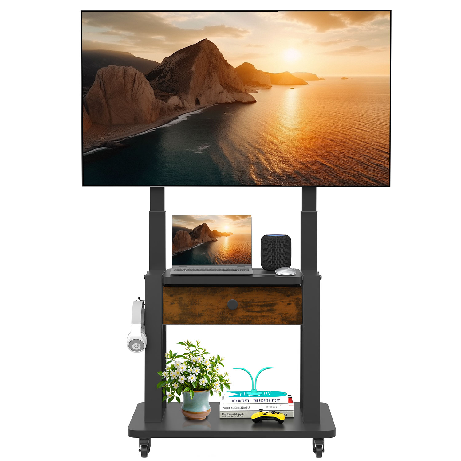 thumbnail video image 2 of Hellsehen Rolling TV Stand with Fabric Drawers for 32-75 inch Flat Curved Screens up to 220lbs Adjustable Height, 2 of 8