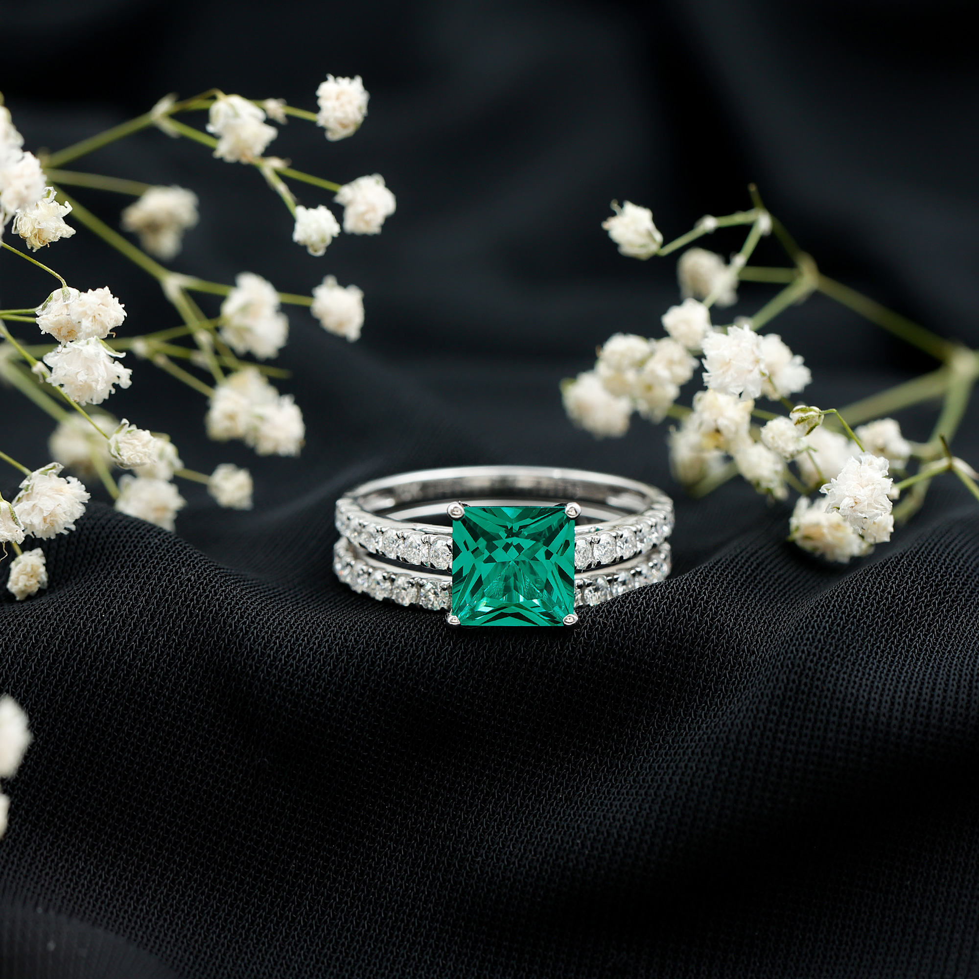 thumbnail video image 2 of Rosec Jewels Lab Grown Emerald Wedding Ring Set for Women - Princess Cut Engagement Ring with Wedding Band - AAAA Quality, 18K White Gold, US 12.50, 2 of 9