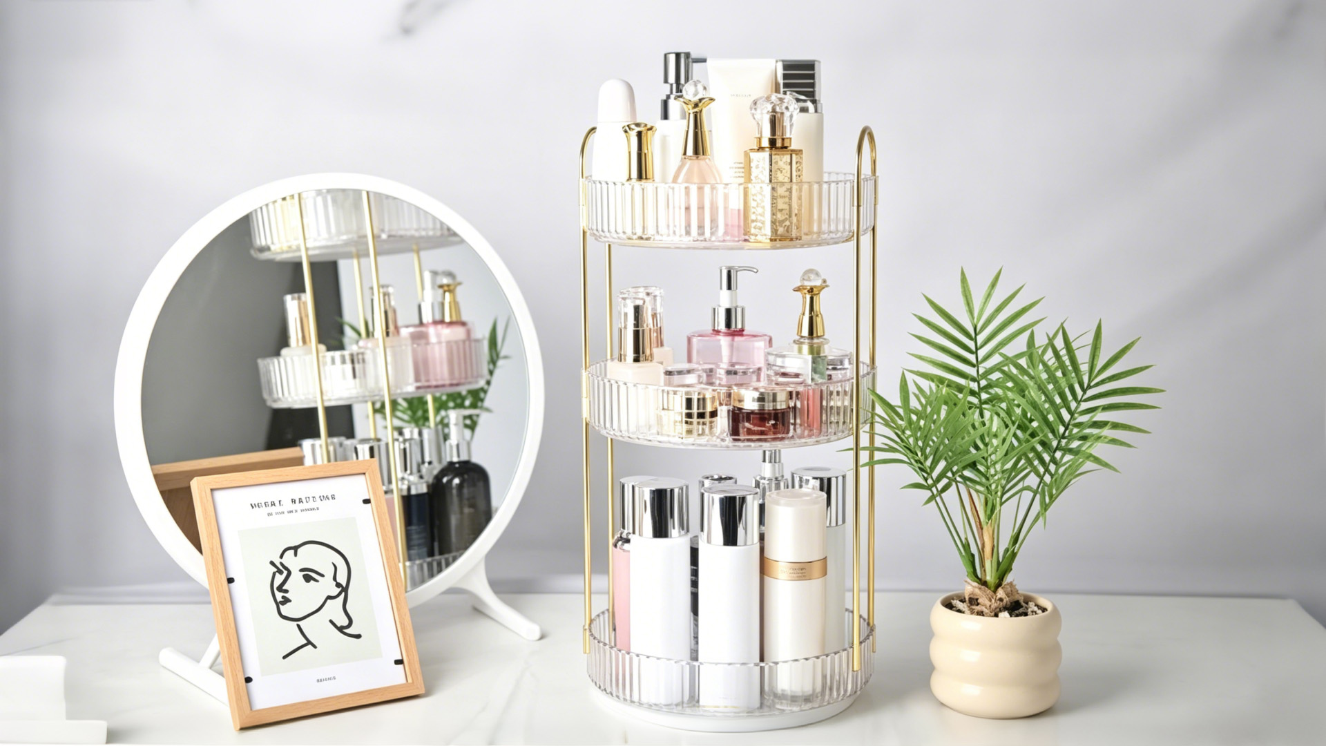 thumbnail video image 2 of YHIPL 360°Rotating Makeup Organizer, 3-Tier Adjustable Clear Perfume Stand for Vanity (Clear, 3 Tier), 2 of 9