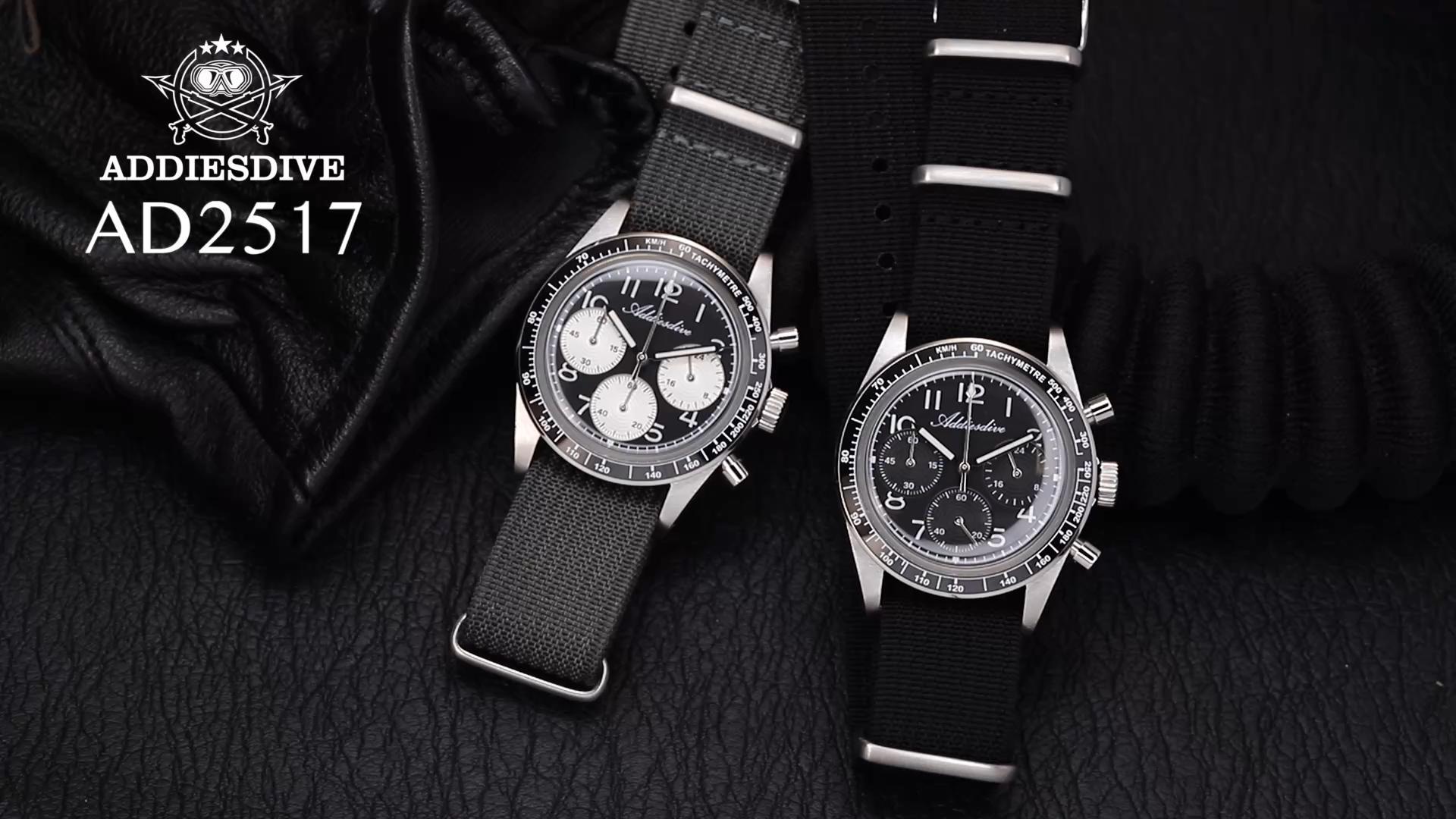 thumbnail video image 2 of ADDIESDIVE Men's Luxury Dive Watch Chronograph, 100m Waterproof, Japanese VK63 Movement, Ceramic Bezel, Luminous, 37mm, 2 of 10