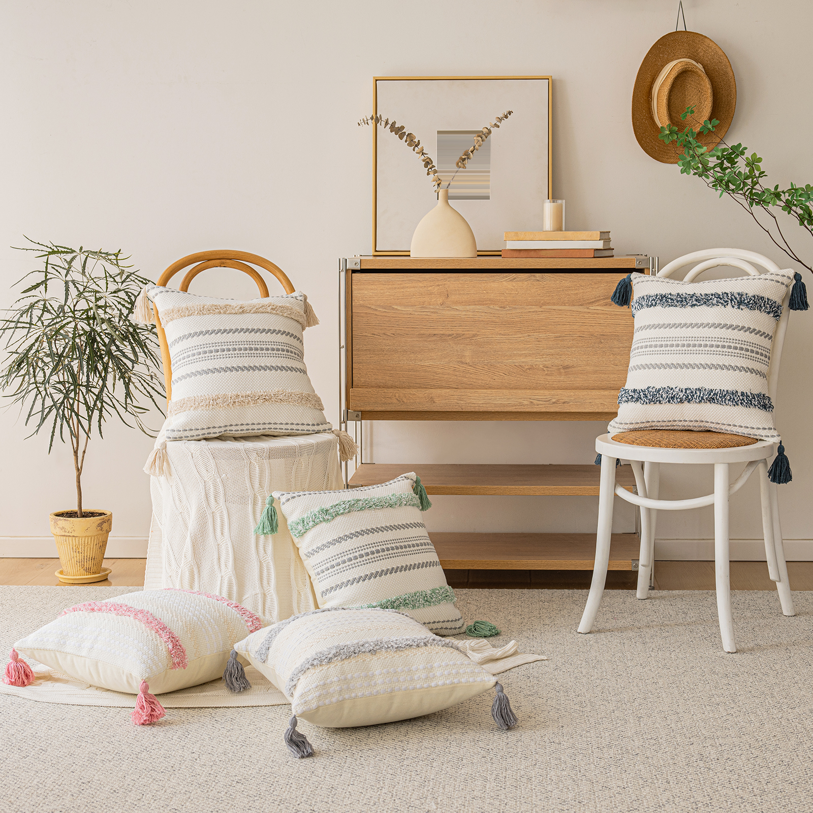 thumbnail video image 2 of Skodaer 2 Pack Boho Decorative Throw Pillow Covers Tufted Woven with Tassel Series Pillow Case,12x20,Pink, 2 of 7