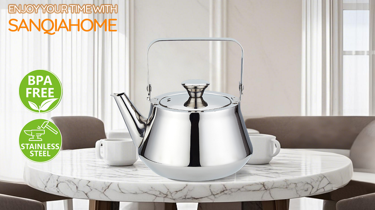 thumbnail video image 2 of SANQIAHOME 1.6 Quart stainless steel teapot with Infuser A modern, minimalist style, 2 of 10