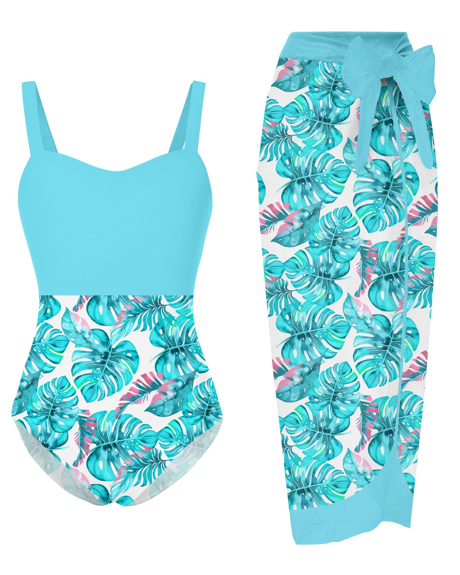 thumbnail video image 2 of Teen Girls One Piece Swimsuit with Cover Up Sarong Skirt Bathing Suit Beach Swimwear for 10-16 Years, 2 of 7