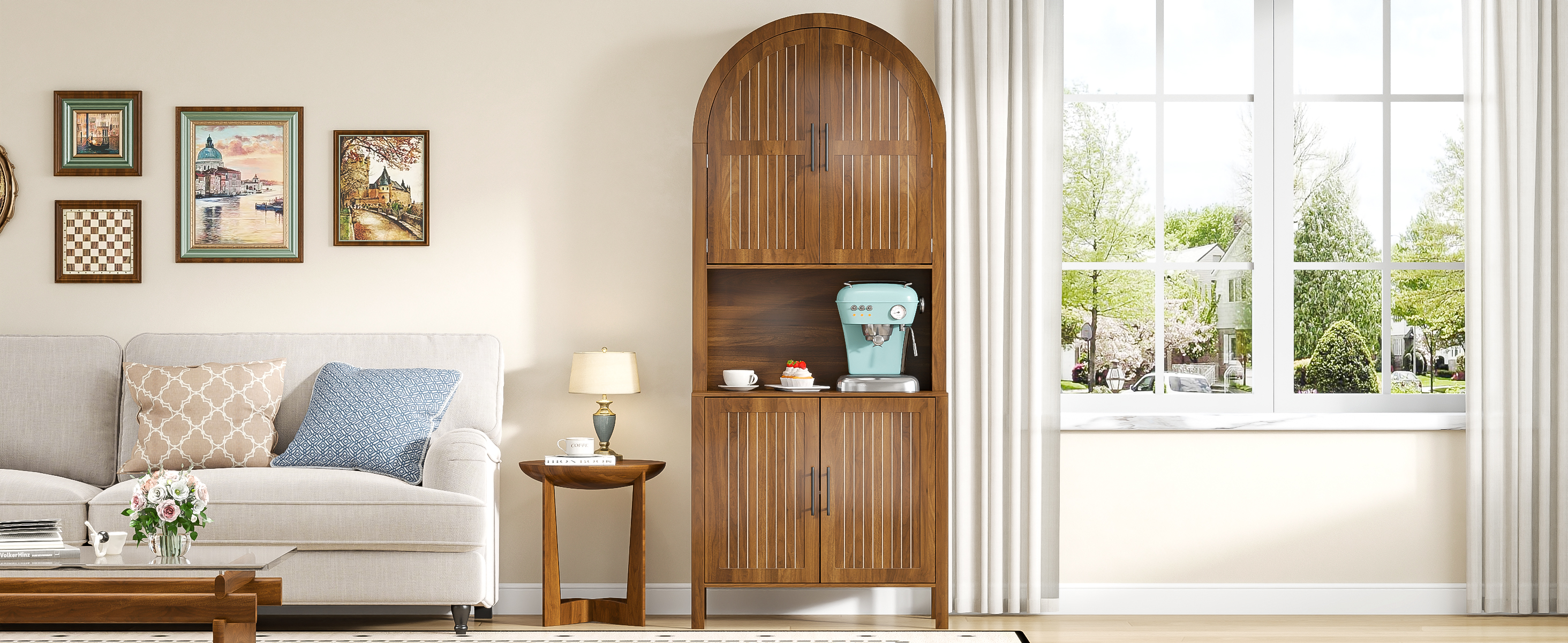 thumbnail video image 2 of Oubayajia 75.8" Tall Arched Kitchen Pantry Storage Cabinets with Fluted Doors and Adjustable Shelves, Freestanding Cupboard for Kitchen, Dining Room and Living Room, Walnut, 2 of 10