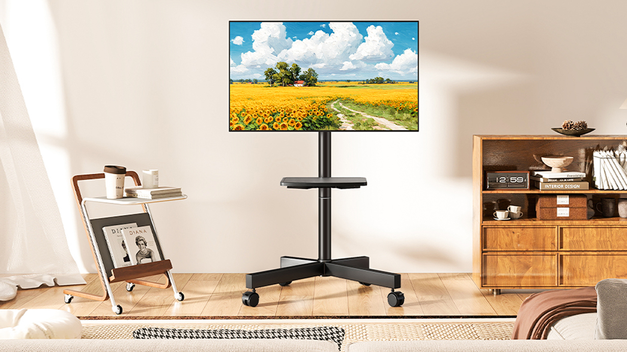 thumbnail video image 2 of RTVR Modern Rolling TV Stand on Wheels with Shelf for 23 to 55 60 inch Flat Screens, Mobile TV Cart Stand, Black, 2 of 11