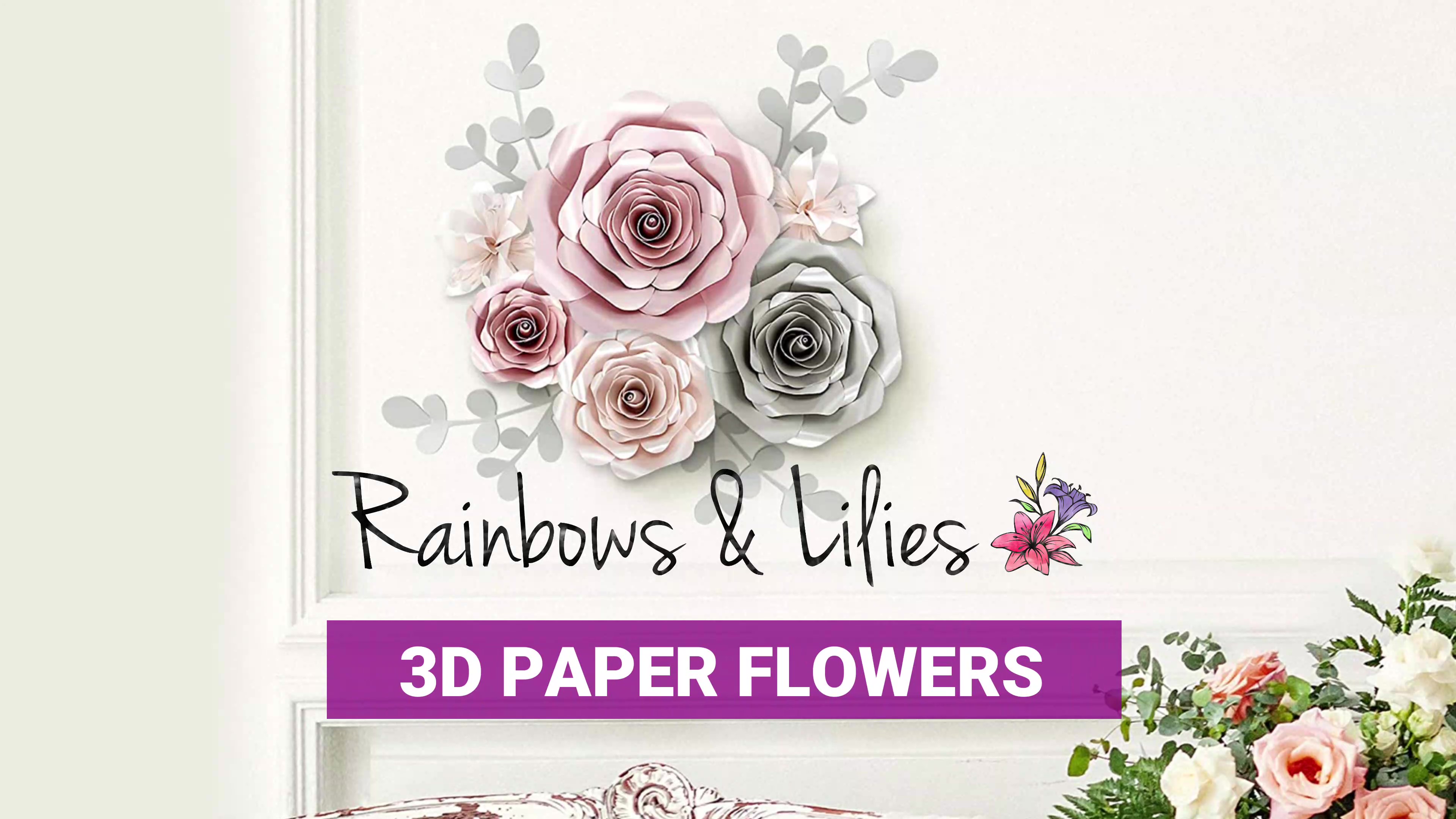 thumbnail video image 2 of Rainbows & Lilies 10pc Pink, Gray, & Ivory 3D Paper Flowers for Wall Decor, Wedding Backdrop, Baby Shower, Bridal Party - Premium Indoor Floral Decor, 2 of 11