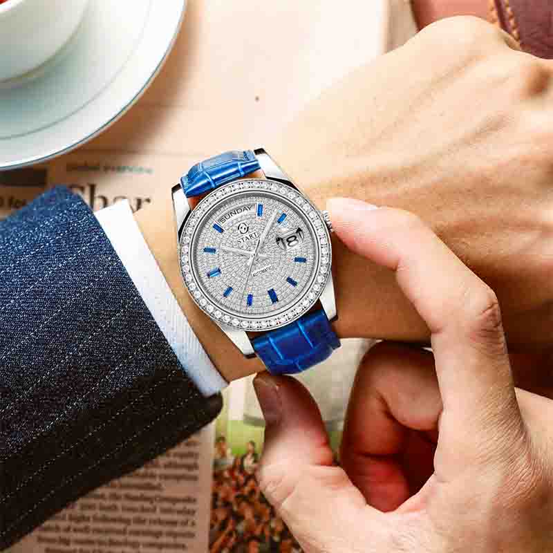 thumbnail video image 2 of 【START】Gypsophila Watch Swiss Fully Automatic Mechanical Movement Diamond Dial Leather Watch Waterproof Date Week Function, 2 of 13