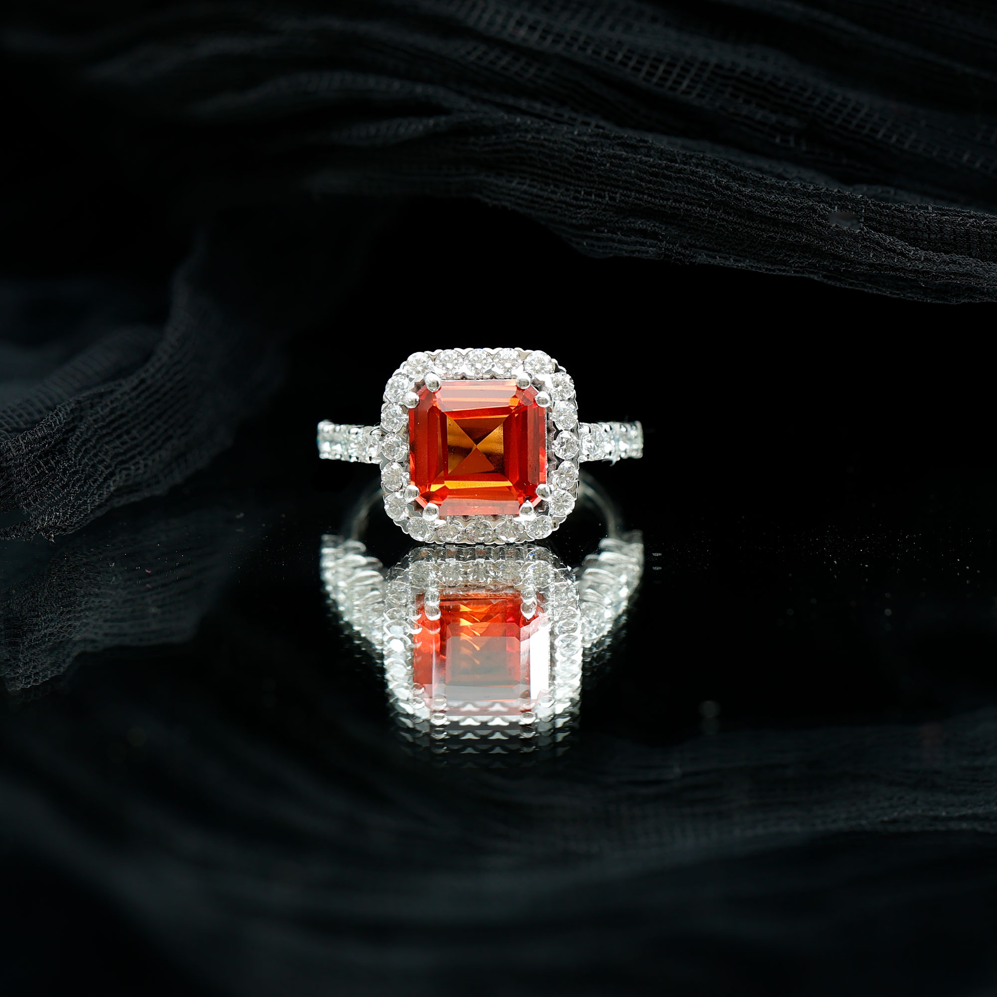 thumbnail video image 2 of Rosec Jewels 6 Carat Lab Grown Orange Sapphire Asscher Cut Engagement Ring in Silver (AAAA Quality) - Gift For Special Occasions, US 5.00, 2 of 7