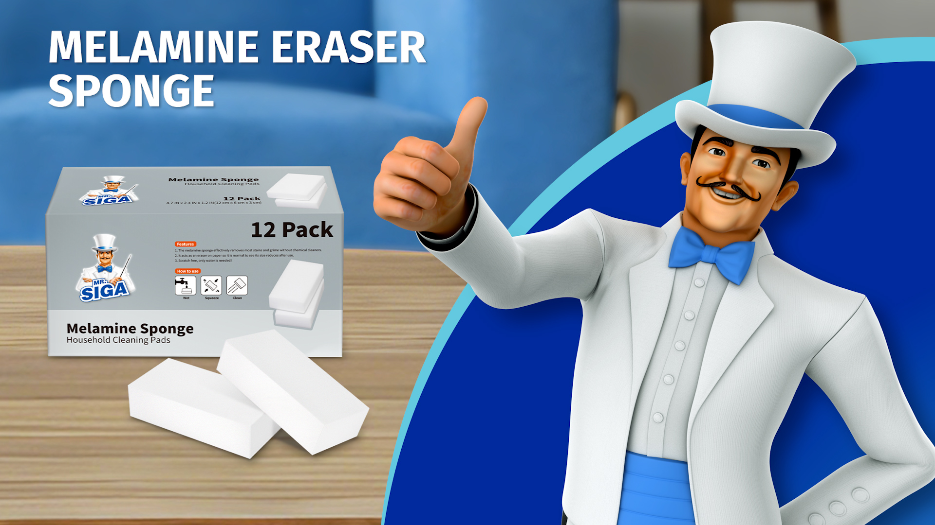 thumbnail video image 2 of MR.SIGA Melamine Eraser Sponge, Magic Eraser Cleaning Pads, 12 Count, Size 3.1" x 2" x 1", 2 of 9
