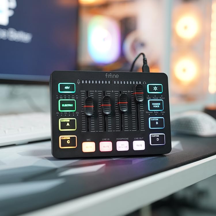 thumbnail video image 2 of FIFINE SC3 Gaming Audio Mixer, 4 Channels Audio Interface with XLR/6.35mm/3.5mm Inputs, RGB Streaming Sound Card with Monitor, 48V Power, Mute Button, 2 of 10