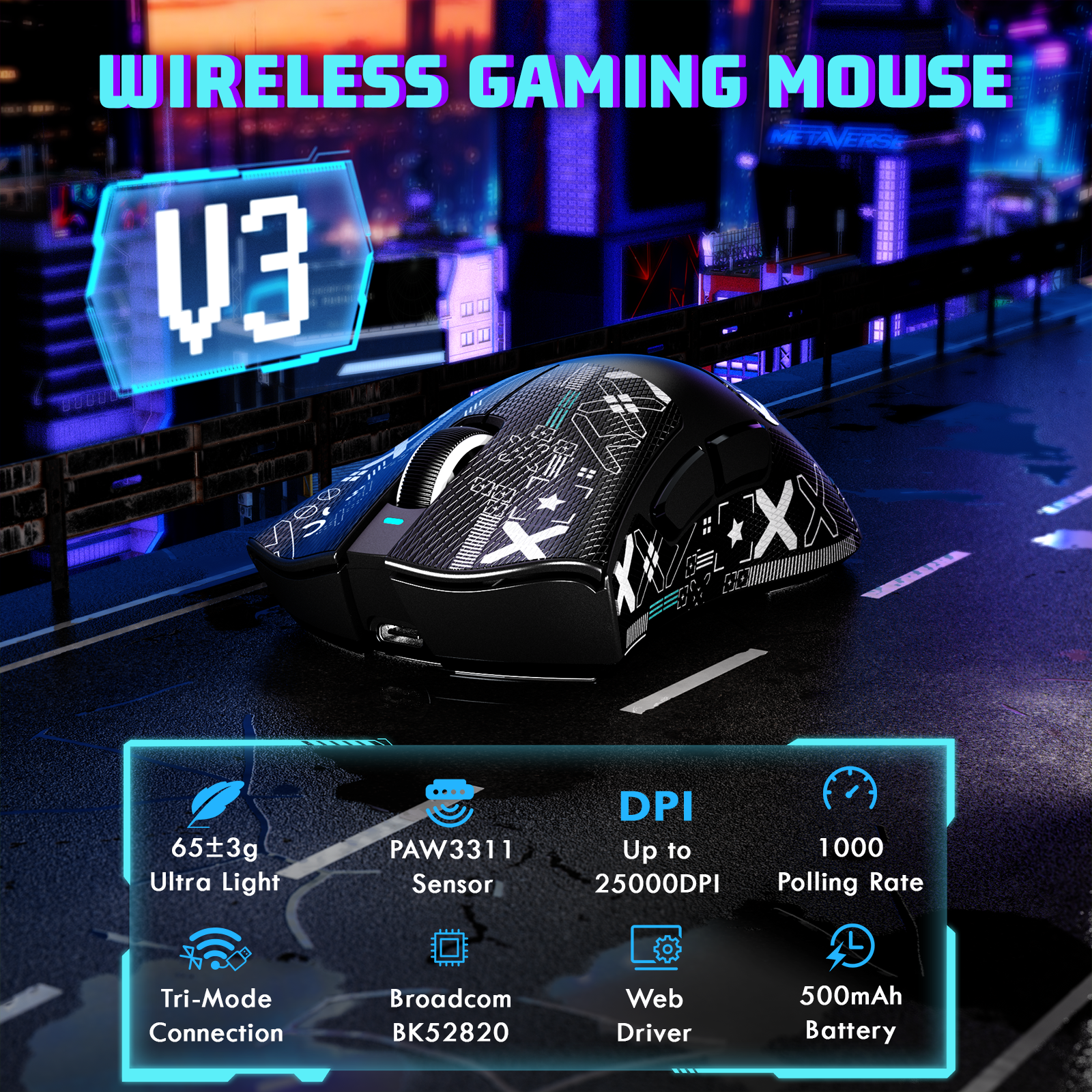 thumbnail video image 2 of ATTACK SHARK V3 Wireless Gaming Mouse, Tri-Mode 2.4G/USB-C Wired/Bluetooth, PAW3311 Sensor, 25000 DPI, 62g Ultra-Lightweight Design, 500mAh Battery, Black, 2 of 10