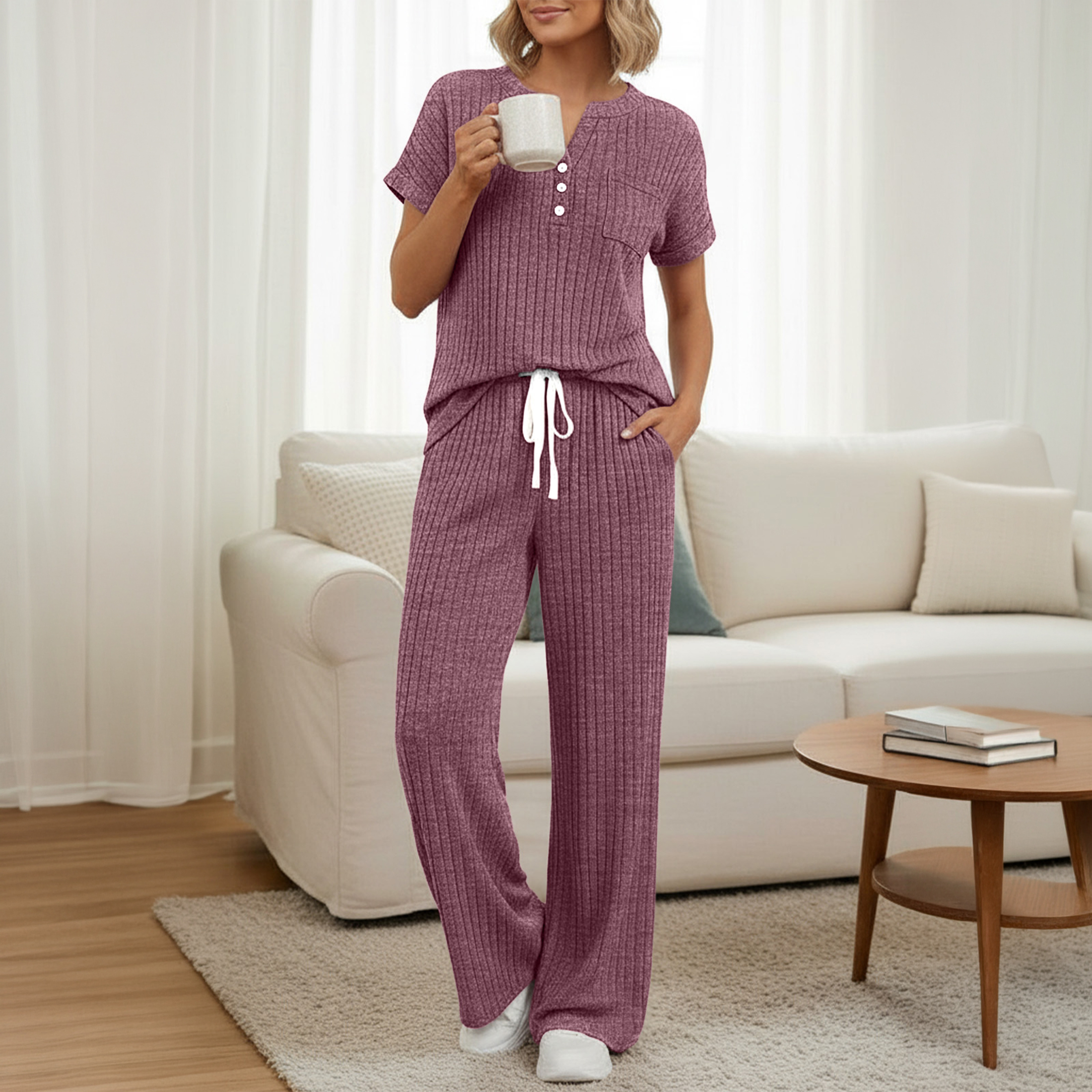 thumbnail video image 2 of SUNBS Lounge Set for Women Two Piece Outfit Sets Henley Shirt Wide Leg Pants Casual Sweat Suit, 2 of 11
