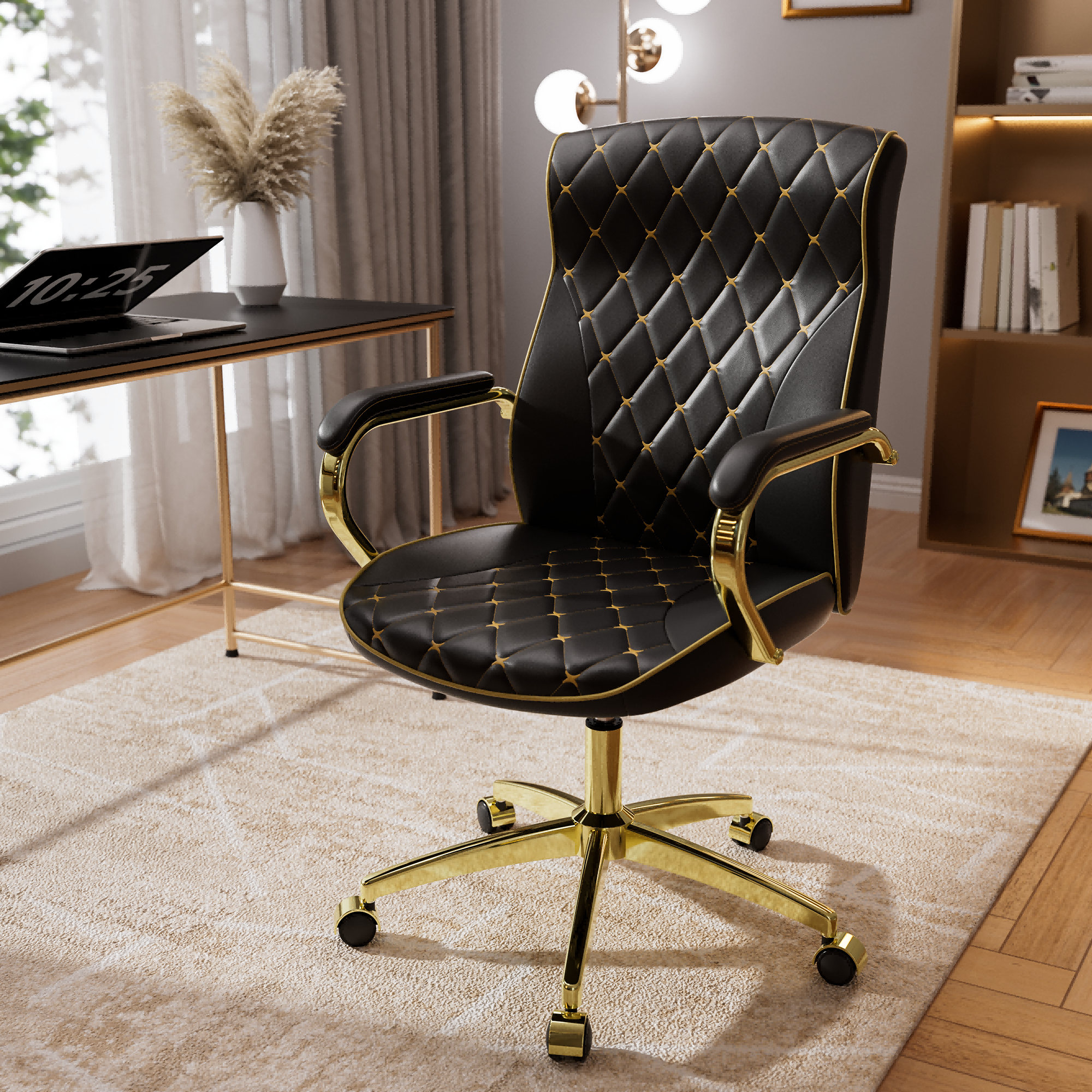 thumbnail video image 2 of iooHug Ergonomic PU Leather Office Chair, Executive Desk Chair with Diamond Quilted, Swivel Computer Chair with Lumbar Support & Rocking Function for Home Office, Black, 2 of 7