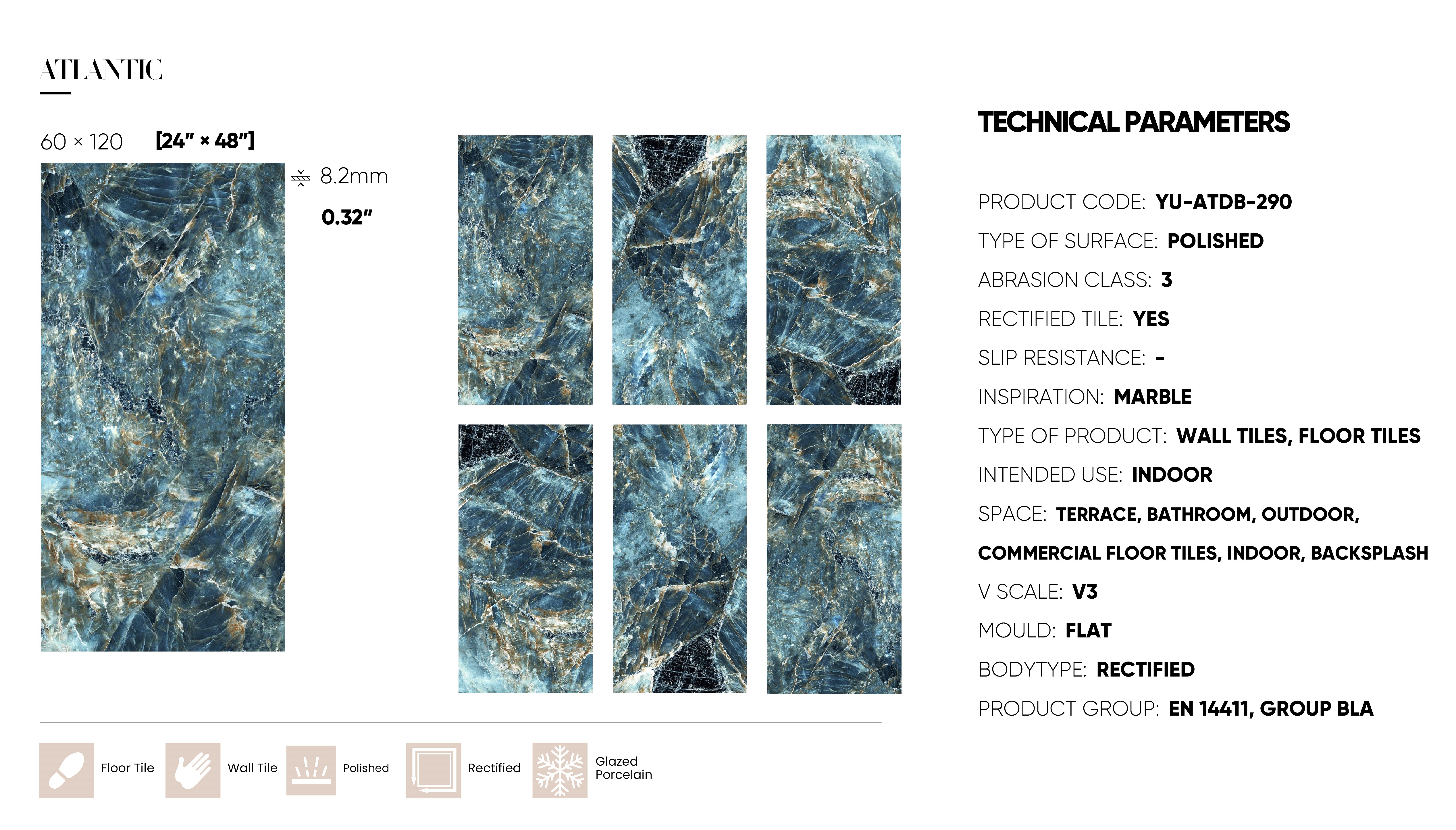 thumbnail video image 2 of Tigers Tile Corp - 24"x48" - Porcelain tile (PALLET 34 Boxes), The ATLANTIC Ocean colors of Blue-Green, Marble Inspiration, Polished, Indoor, Floor and Wall - Volume Order $5.73 per SF, 2 of 12