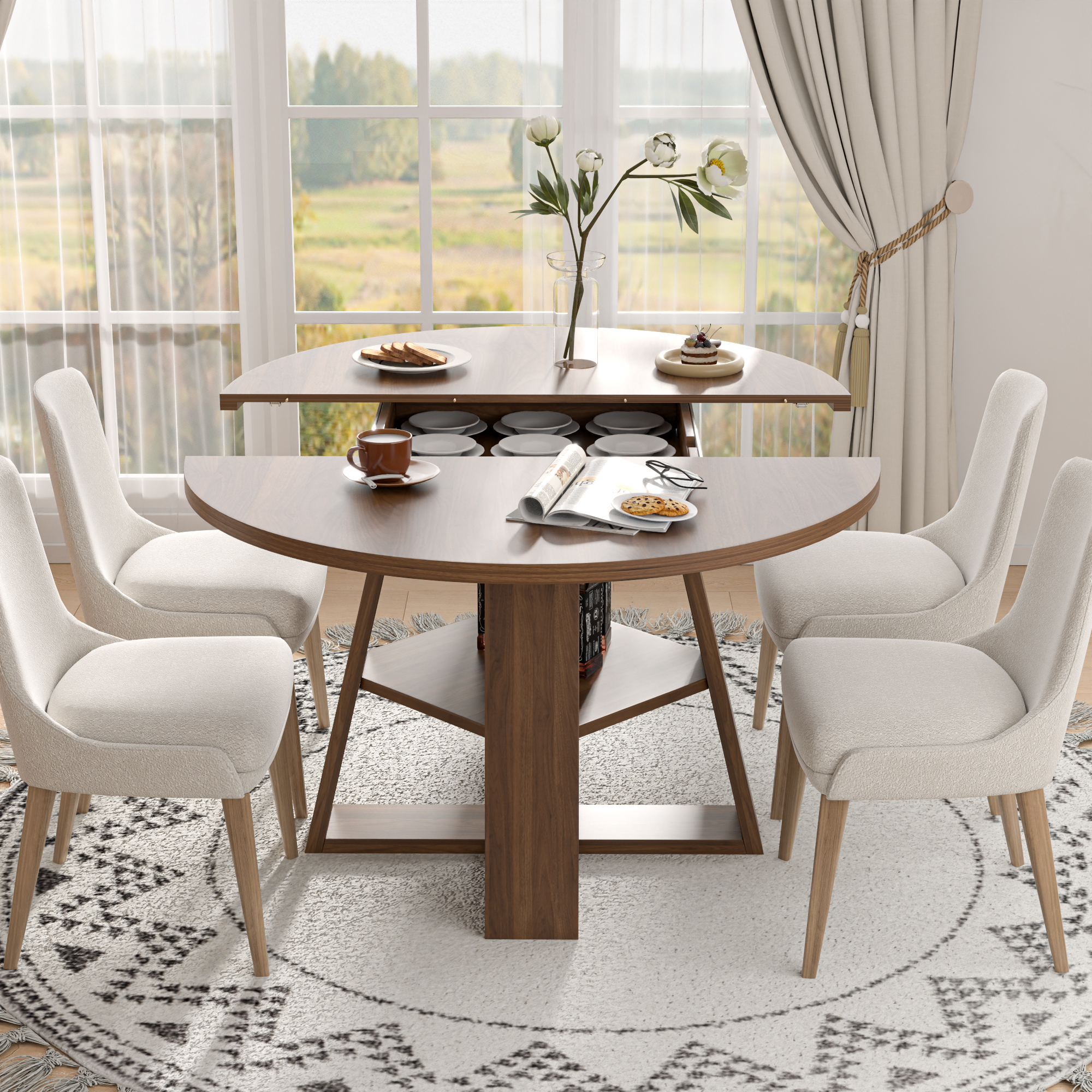 43.3''-59'' Extendable Round Dining Table for 4-8, Mid Century Modern Wooden Round Table with Removable Leaves Space Saving, for Kitchen Living Room