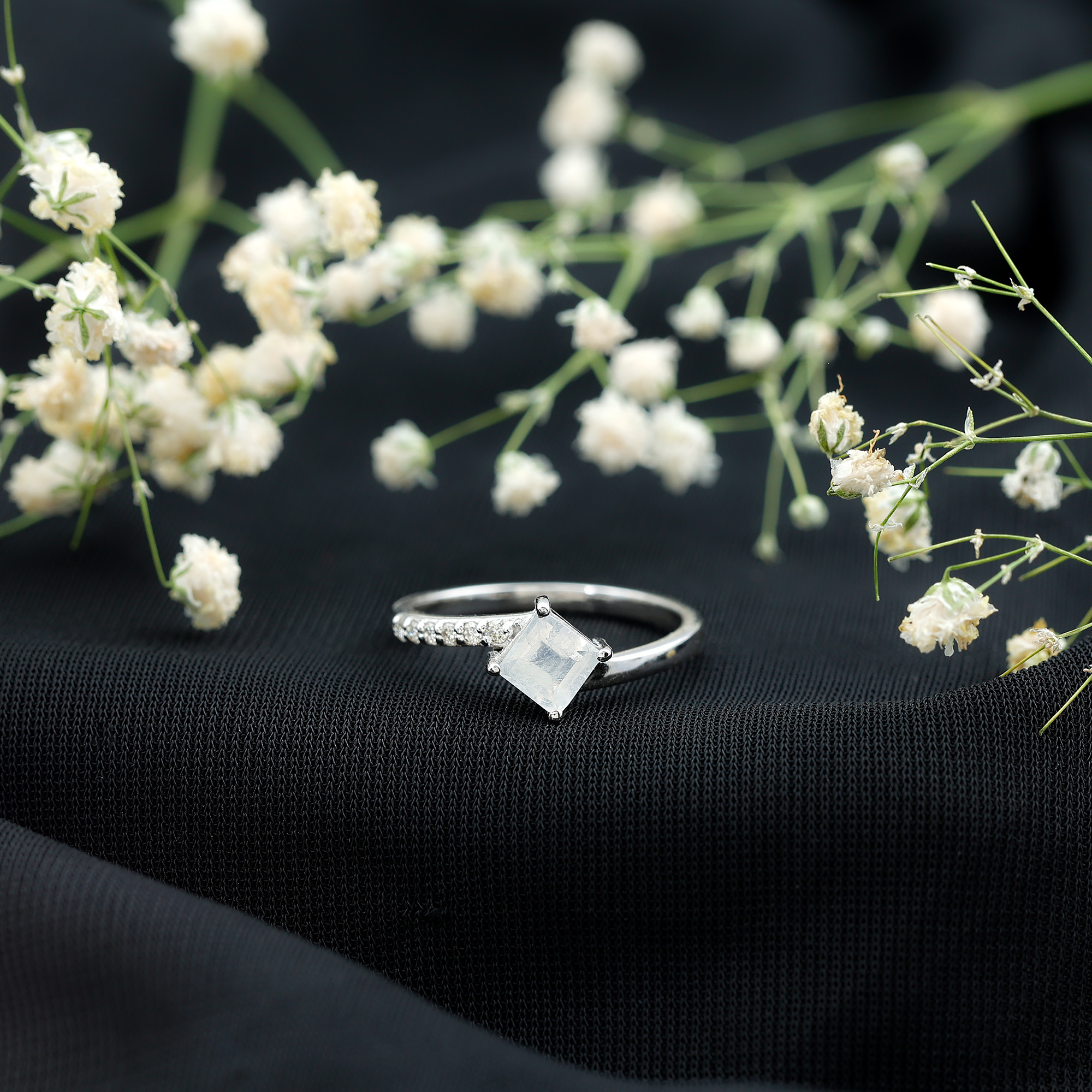 thumbnail video image 2 of Rosec Jewels Princess Cut Moonstone Promise Ring with Diamond - Bypass Ring - AAA Quality - Ready to Gift for Valentines, 925 Sterling Silver, US 4.00, 2 of 8