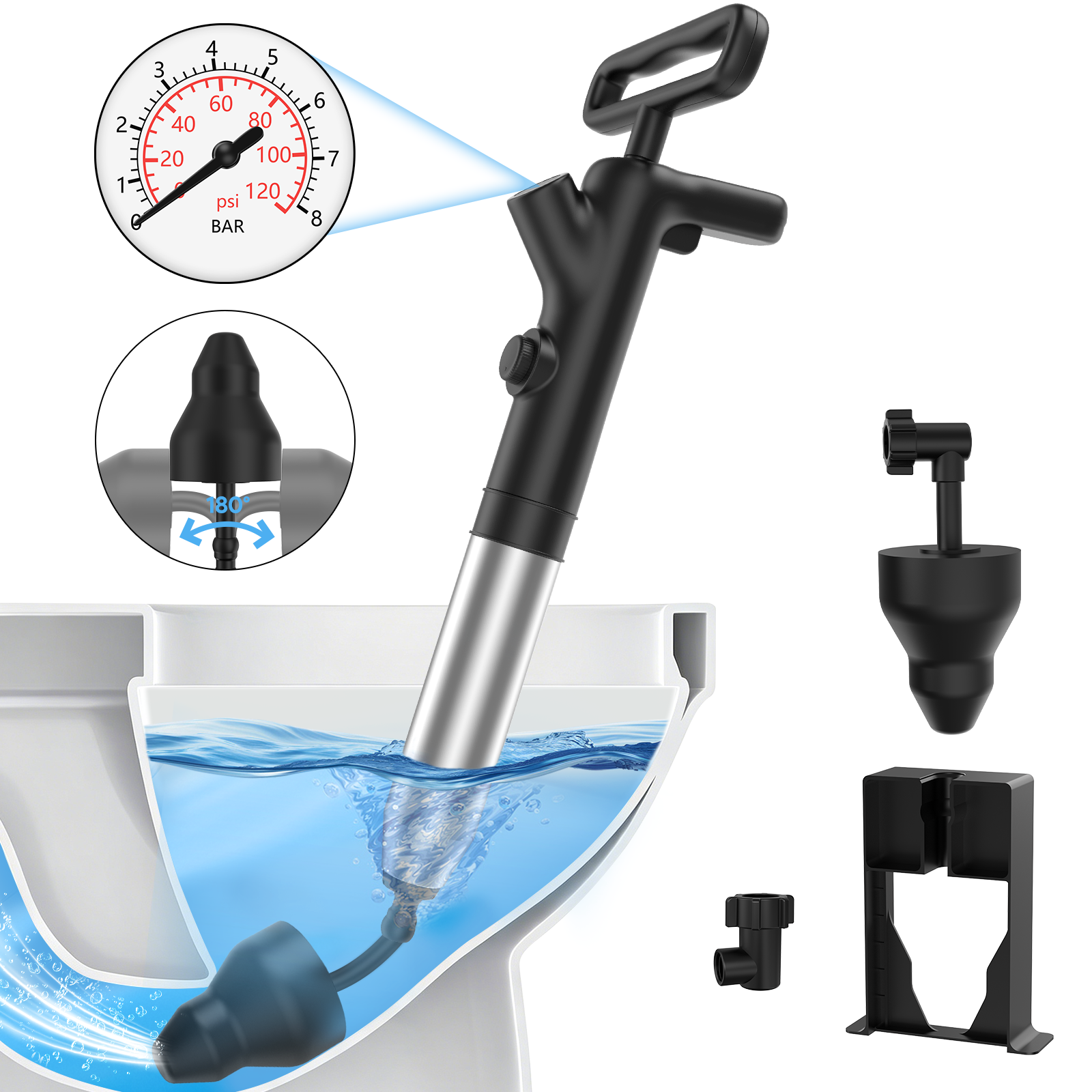 thumbnail video image 2 of FEELSO Heavy Duty Toilet Plunger, High Pressure Air Drain Blaster with Barometer, Sink Plunger & Toilet Auger Multi-Drain Unclogger, 2 of 11