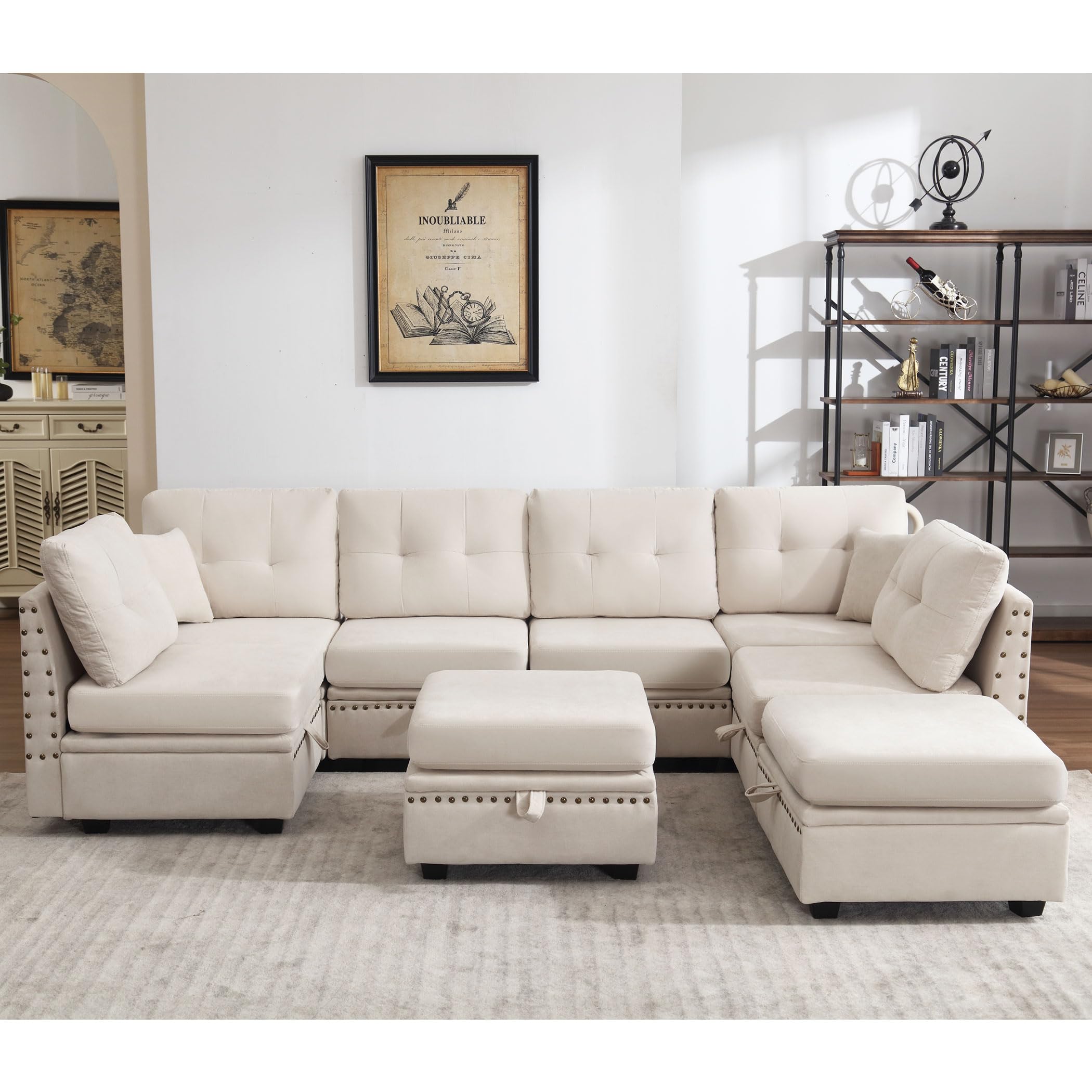 thumbnail video image 2 of JONPONY Vintage Modular Sectional Sofa, Convertible U Shaped Sofa Couch with Storage, Memory Foam,Copper Nail Modular Sectionals with Ottomans 8 Seat Sofa Couch with Chaise for Living Room,Beige, 2 of 11