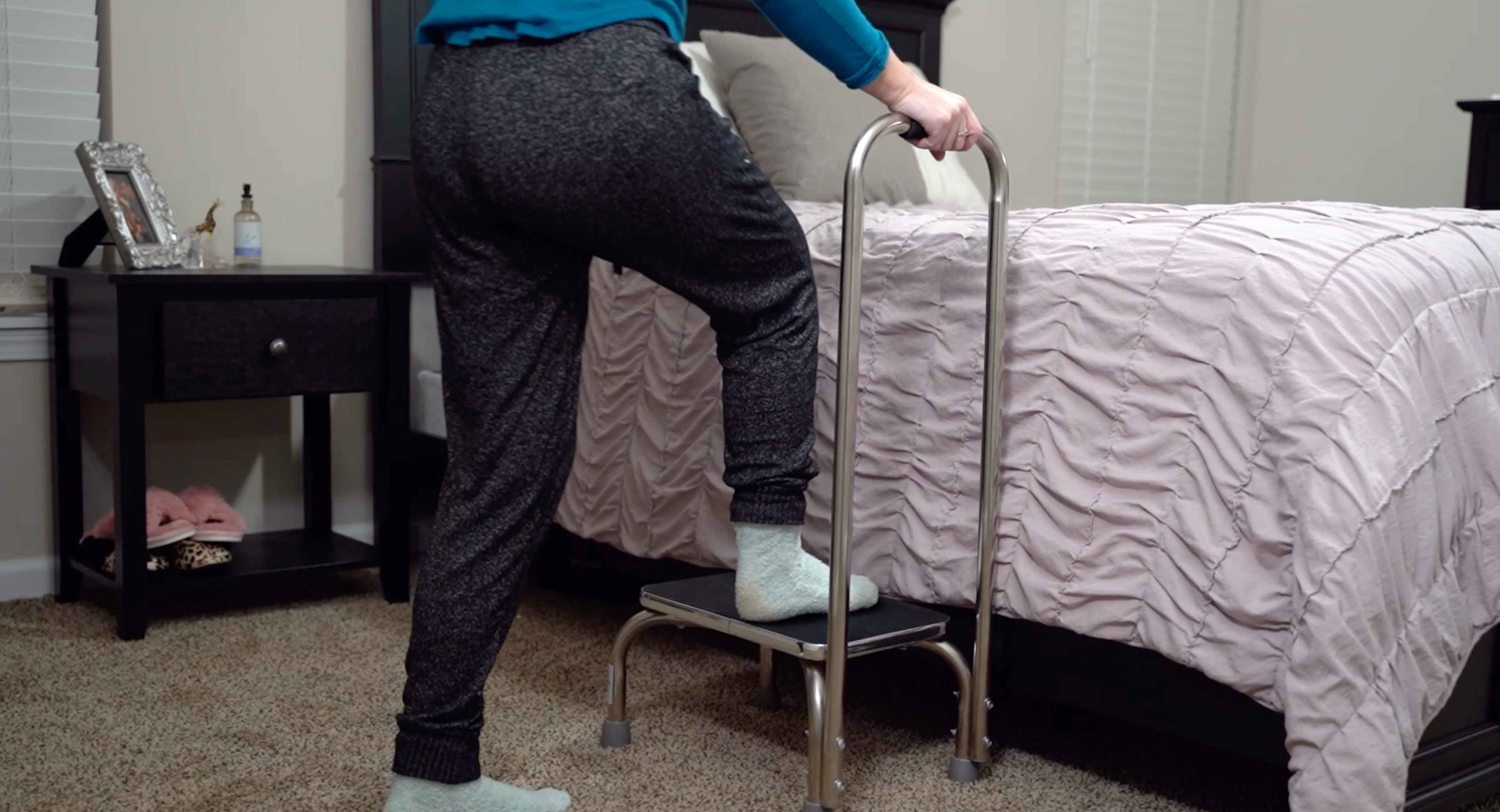 thumbnail video image 2 of DMI Step Stool With Handle, Heavy Duty Metal for High Beds, Portable, Adults and Seniors, 300 lbs Weight, 2 of 7