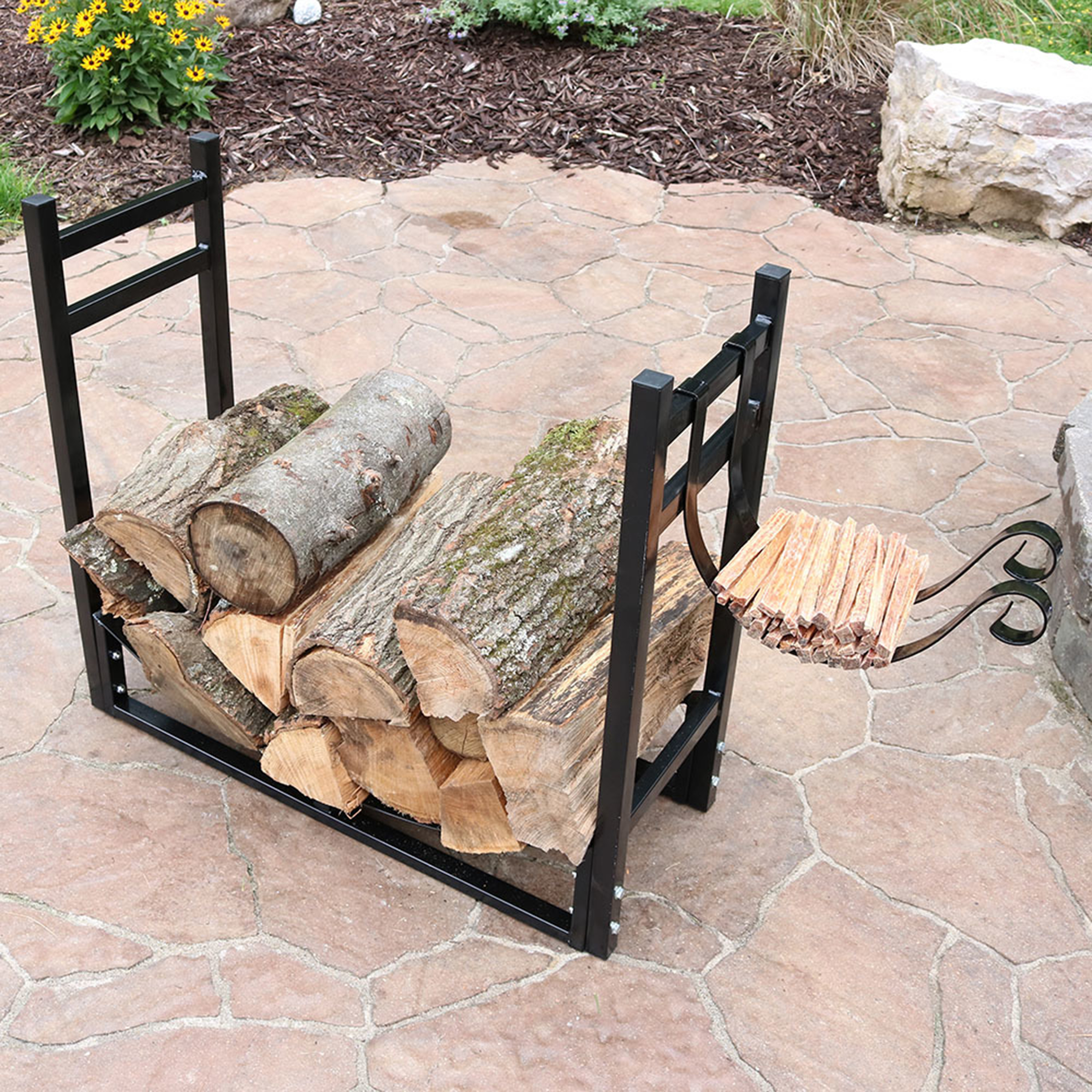 thumbnail video image 2 of Sunnydaze 30.5" Indoor or Outdoor Powder-Coated Steel Log Holder with Kindling Holder, 2 of 11