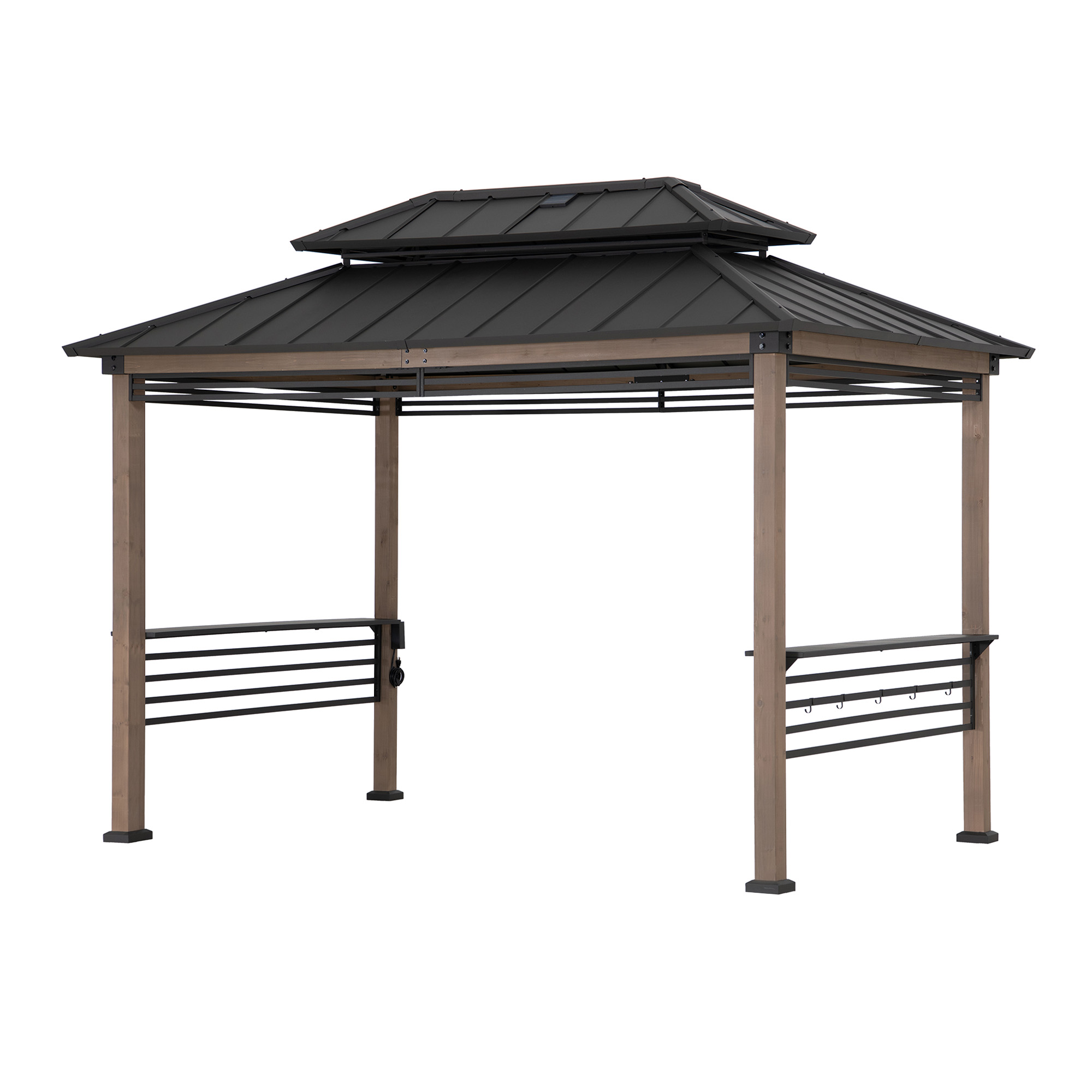 thumbnail video image 2 of Sunjoy 8ft. x 12 ft.  Wooden Cedar Framed Grill Gazebo with DC Solar Power - Brown, 2 of 11