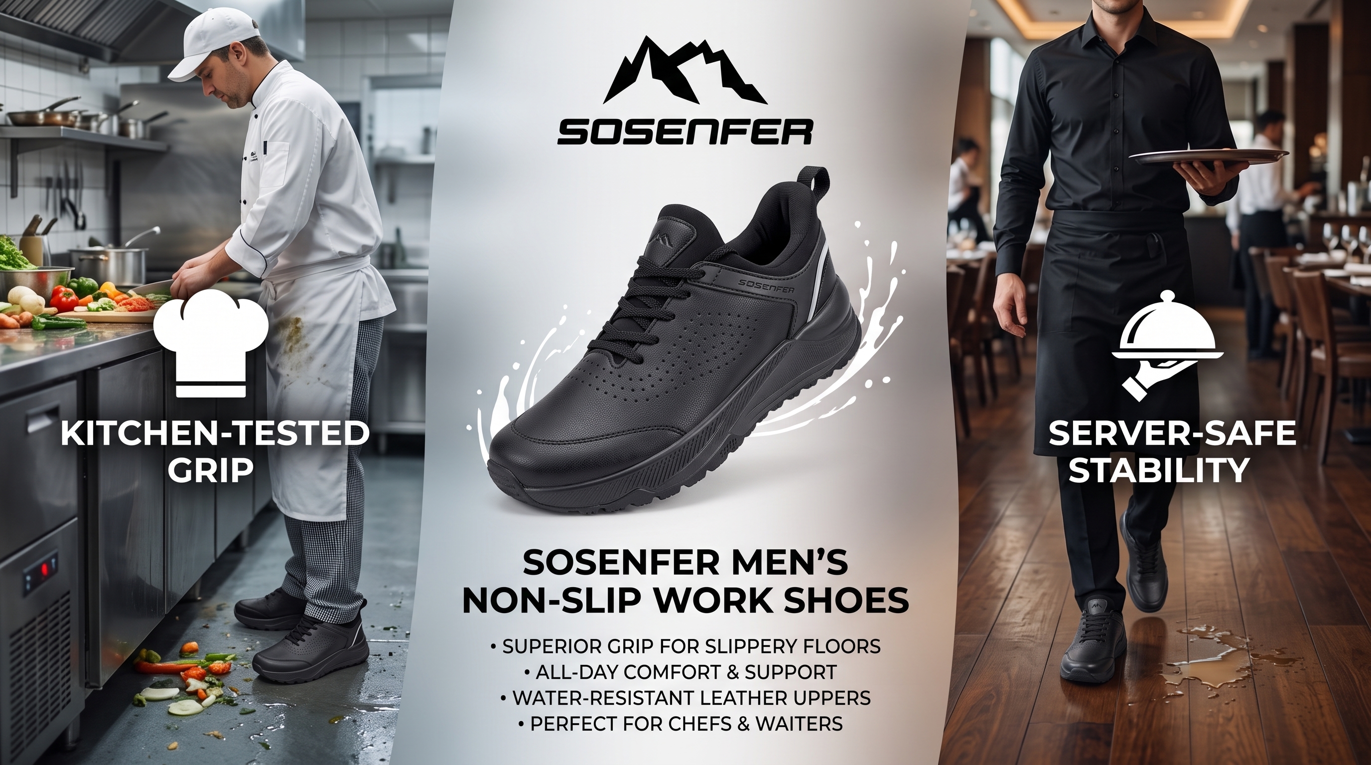 thumbnail video image 2 of Sosenfer Non Slip Work Shoes for Men,Wide Toe Mens Slip On Shoes,Water Resistant Black Work Shoes,Slip Resistant Leather Kitchen Chef Shoes for Standing All Day 9.5, 2 of 11
