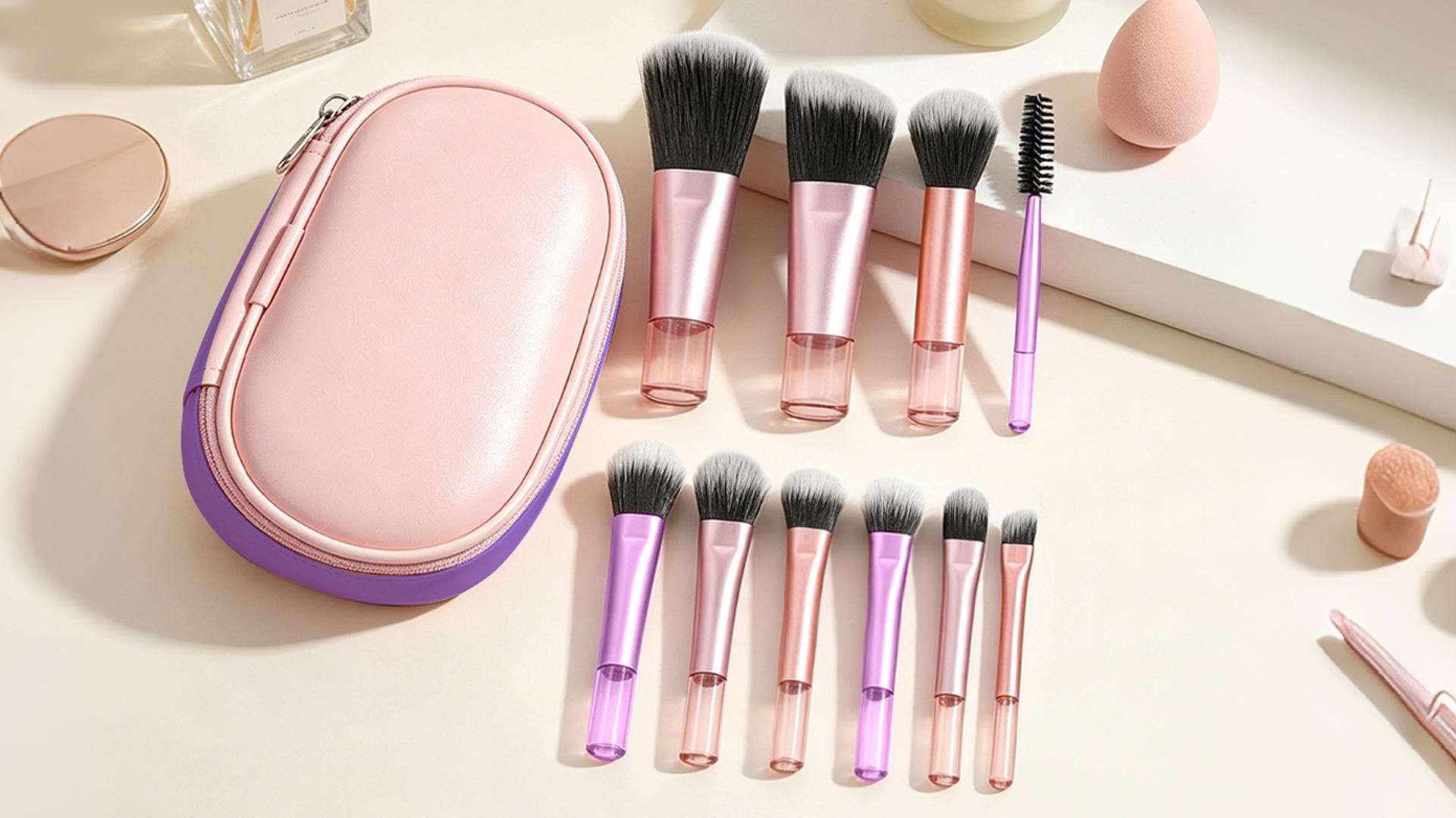 thumbnail video image 2 of Livhil 10pcs Portable Travel Makeup Brush Set, Function Mini Makeup Brushes with Pouch (Black), 2 of 9