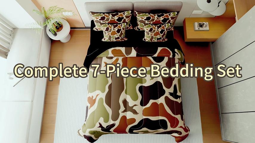 thumbnail video image 2 of Manfei Mallard Duck 7-Piece Twin Bedding Sets,Rustic Camouflage Bedding Comforter Set,Abstract Vintage Breathable Sheet Sets,Breathable Animal Home Decor,Reversible, 2 of 9