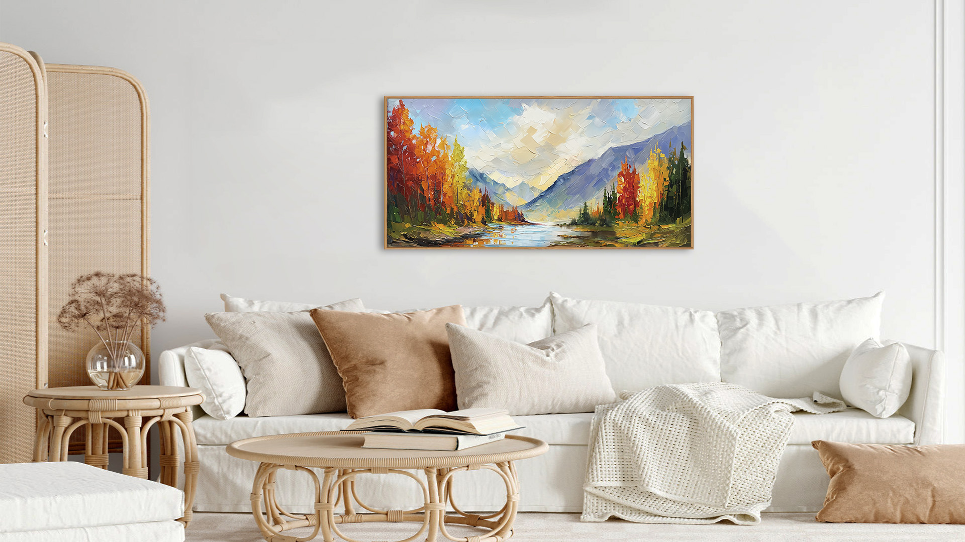 thumbnail video image 2 of Forest Wall Art Mountain and River Wall Decor Framed Abstract Nature Landscape Wall Painting Spring Scenery Canvas Wall Prints for Living Room Bedroom Office 20X40 In, 2 of 9