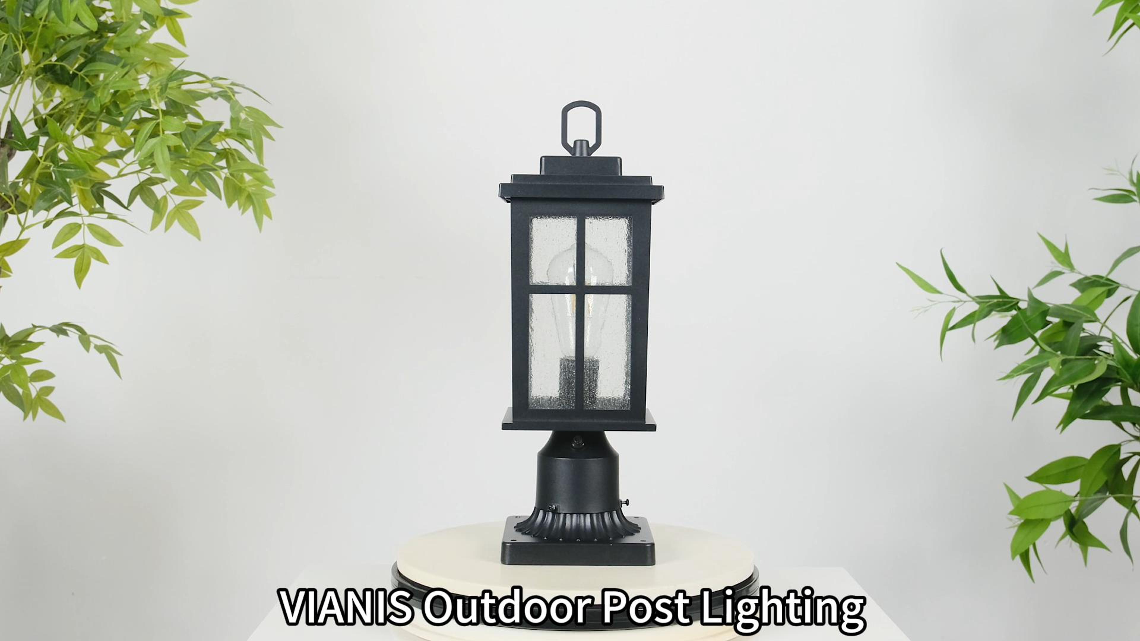 thumbnail video image 2 of VIANIS 2 Pack Outdoor Post Lights Dusk to Dawn, Modern Black Lamp Posts Outdoor Lighting with Pier Mount Base, Anti-Rust 100% Aluminum Waterproof Exterior Post Lantern with Tempered Glass for Pathway, 2 of 10