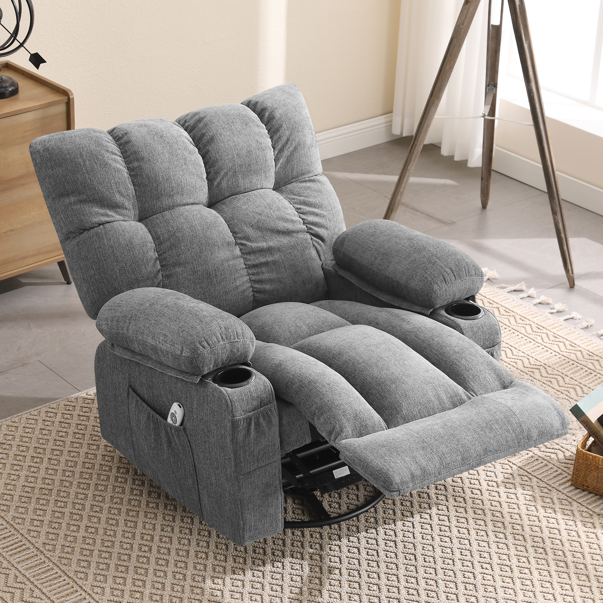 thumbnail video image 2 of JONPONY Recliner Chair, Swivel Rocker Recliner Chair for Adults, Upholstered Manual Recliner with Side Pockets,Elderly Single Rocker Sofa with Cup Holders for Bedroom Home Theater,Grey, 2 of 16