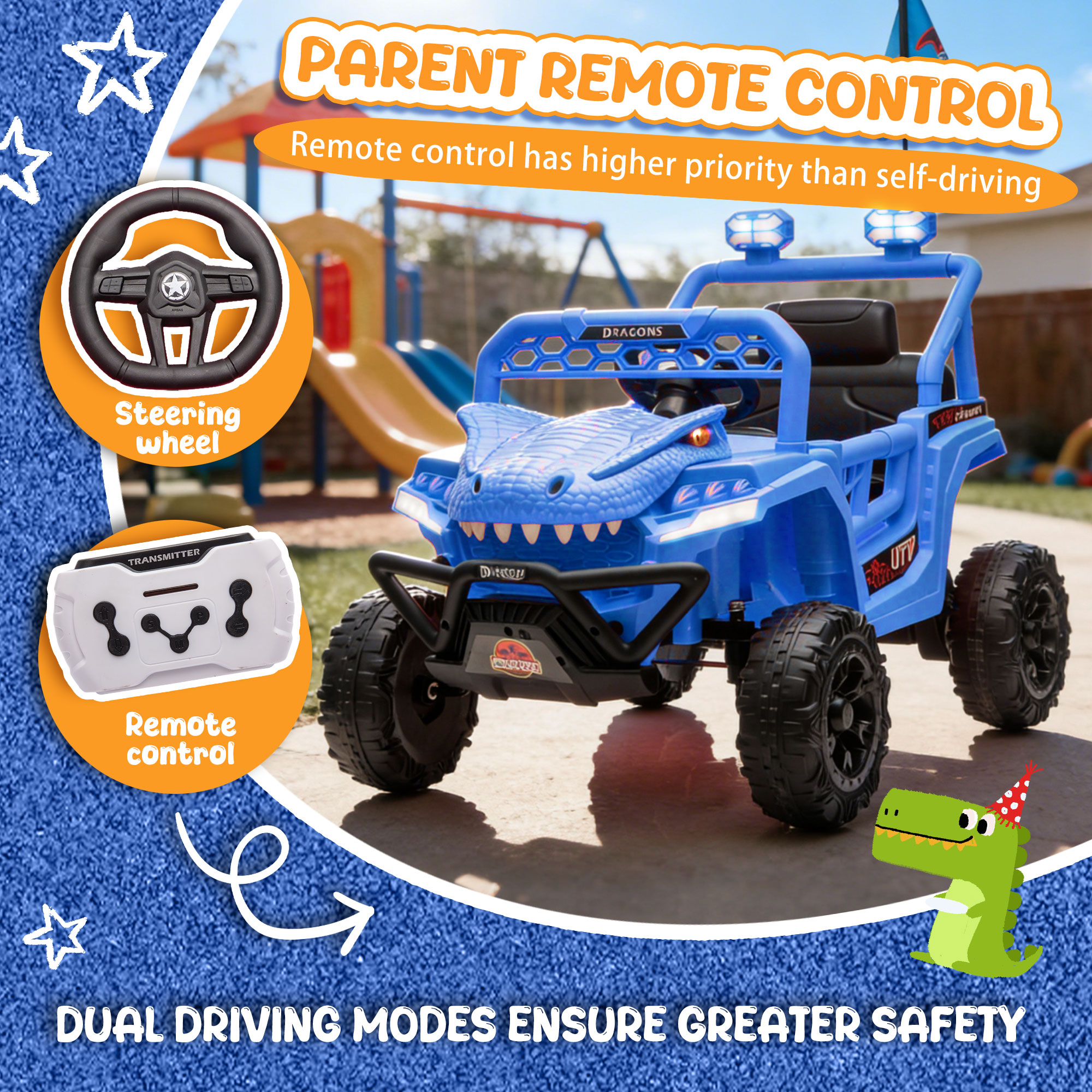 thumbnail video image 2 of 12V Ride On Cars for Kids, Kids Ride on Toys with Remote Control, Dinosaur Kids UTV Cars, 4 Wheel Suspension Electric Vehicle with Bluetooth, Music, LED, Ideal Gift for Boys Girls 2-4, Blue, 2 of 8