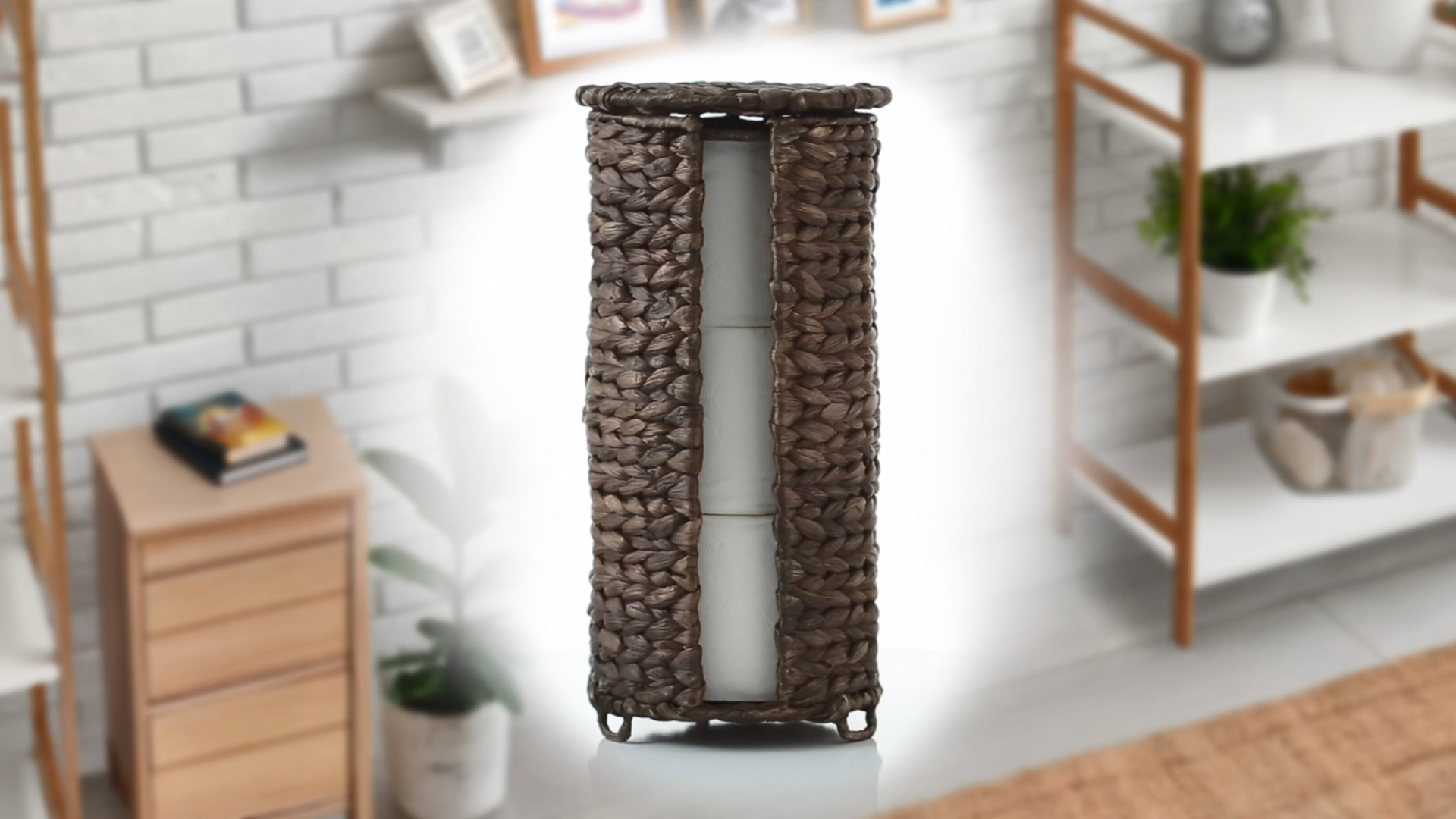 thumbnail video image 2 of Casafield Toilet Paper Roll Holder with Lid - Espresso Dark Brown, Fits 3 Rolls, Free Standing Hyacinth Bath Tissue Storage Organizer for Bathroom, 2 of 8