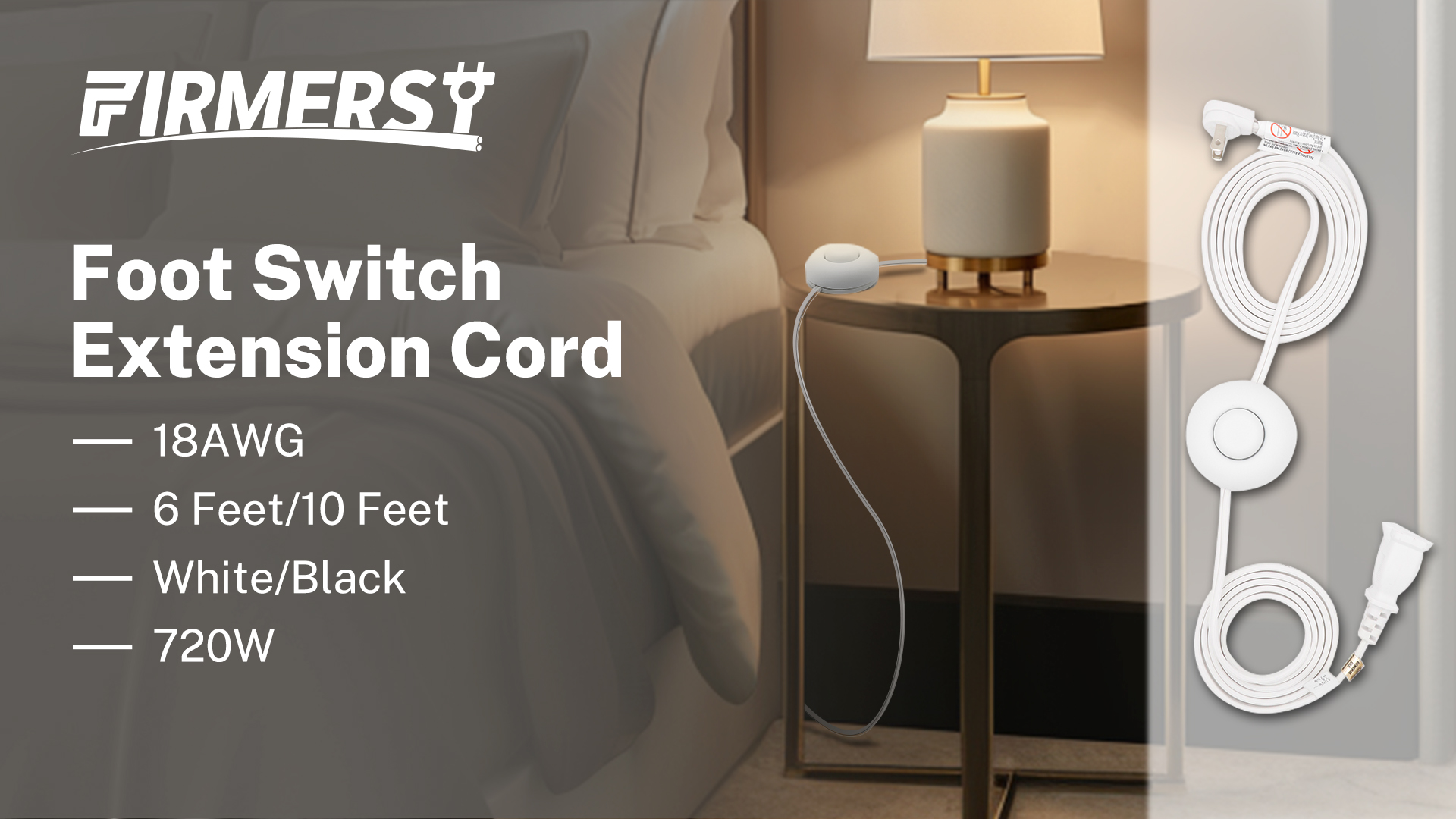 thumbnail video image 2 of FIRMERST Extension Cord with Foot Switch 10 feet for Lights, Floor lamp, White, 2 of 6