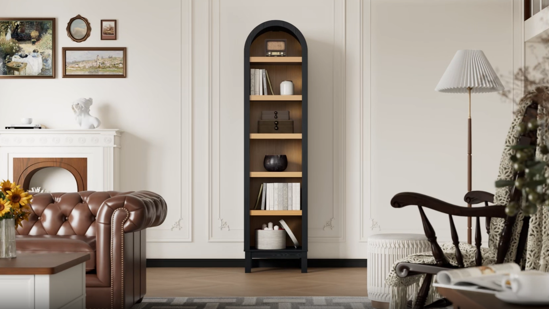 thumbnail video image 2 of Kromapolis 6-Tier Arched Storage Bookcase with 2 Adjustable Shelves,Narrow Wood Bookshelf Open Display Shelves for Living Room,Entryway,Bedroom,Rich Black and Light Honey,Assembly Require, 2 of 8
