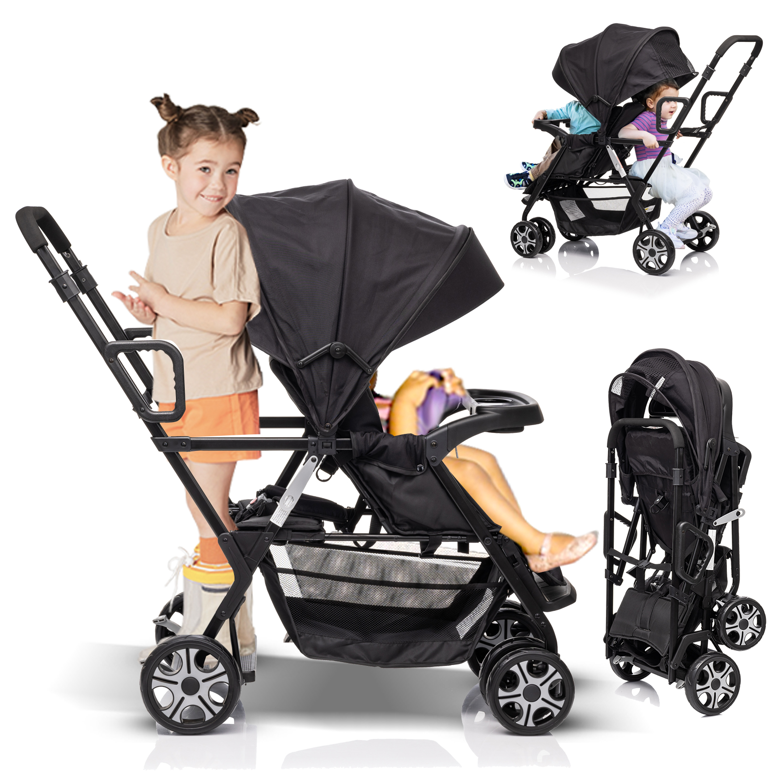 thumbnail video image 2 of Funyard sit upright double lightweight travel stroller, with standing platform，Canopy，Tray Table, 2 of 9