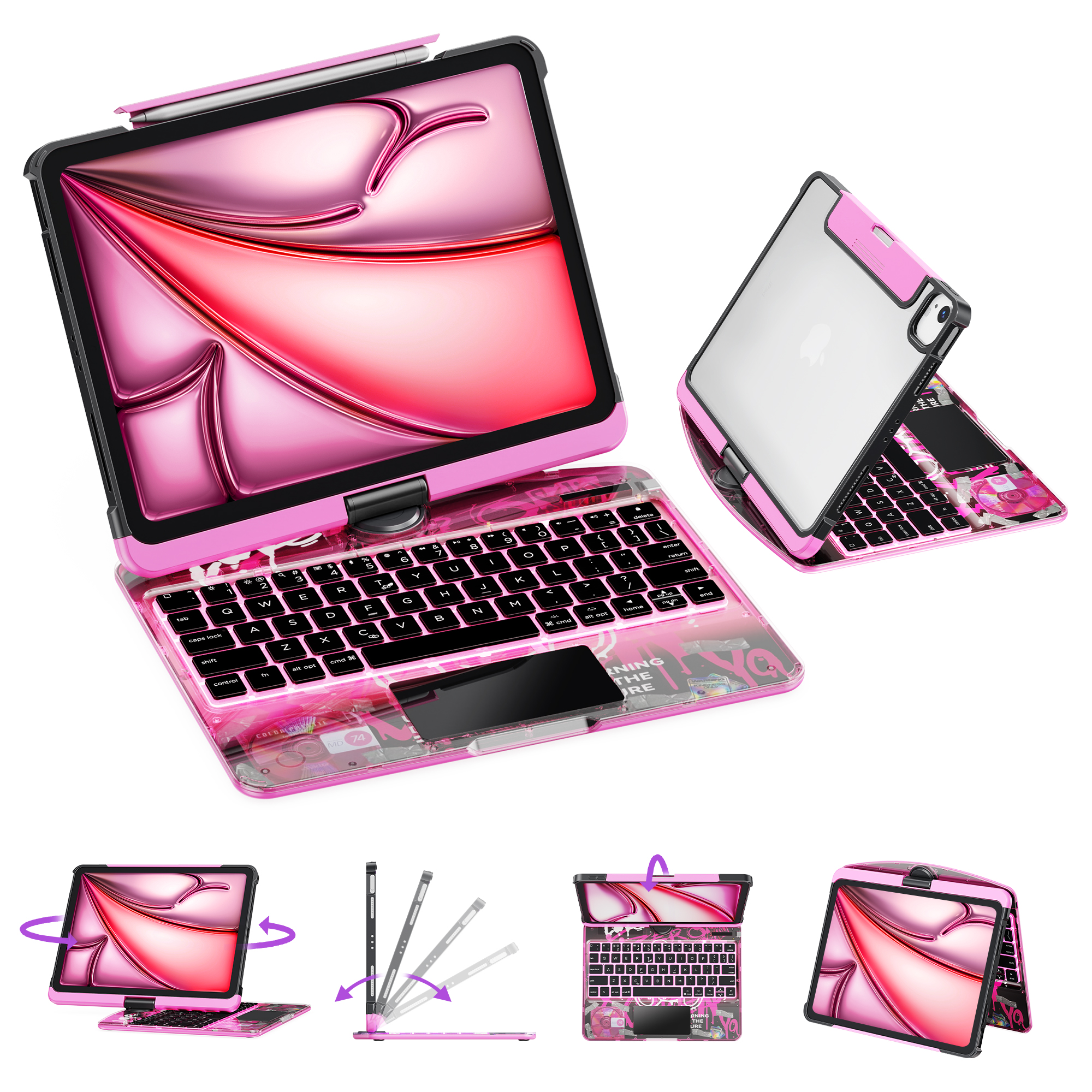thumbnail video image 2 of GUSGU Transparent Case with Wireless Keyboard only for 2024 iPad Pro 11-in.(M4), 7 Colors Backlight, Trackpad, 360°Rotating Stand for iPad Pro 11(5th Gen), Tech Style, 2 of 9