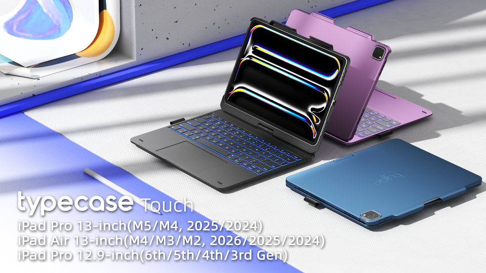 thumbnail video image 2 of typecase Keyboard Case for iPad Pro 12.9 (6th/5th/4th/3rd Gen), Trackpad, 11-Color Backlit, 360 Rotatable with Pencil Holder - Pacific Blue, 2 of 10