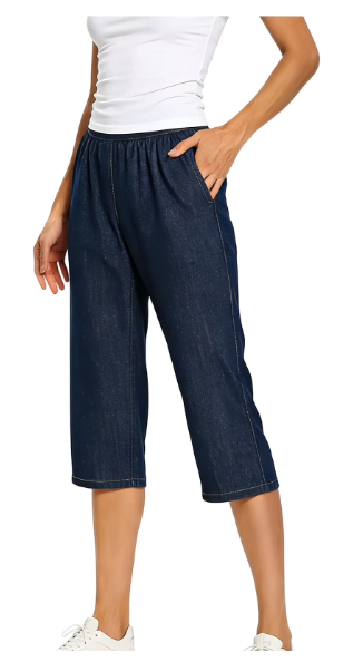 thumbnail video image 2 of Hfnxid Womens Capris Jeans Elastic Waist Skinny Business Denim Capris Pants Summer Casual Lightweight Cropped Pant with Pockets zc-Blue XXL, 2 of 11