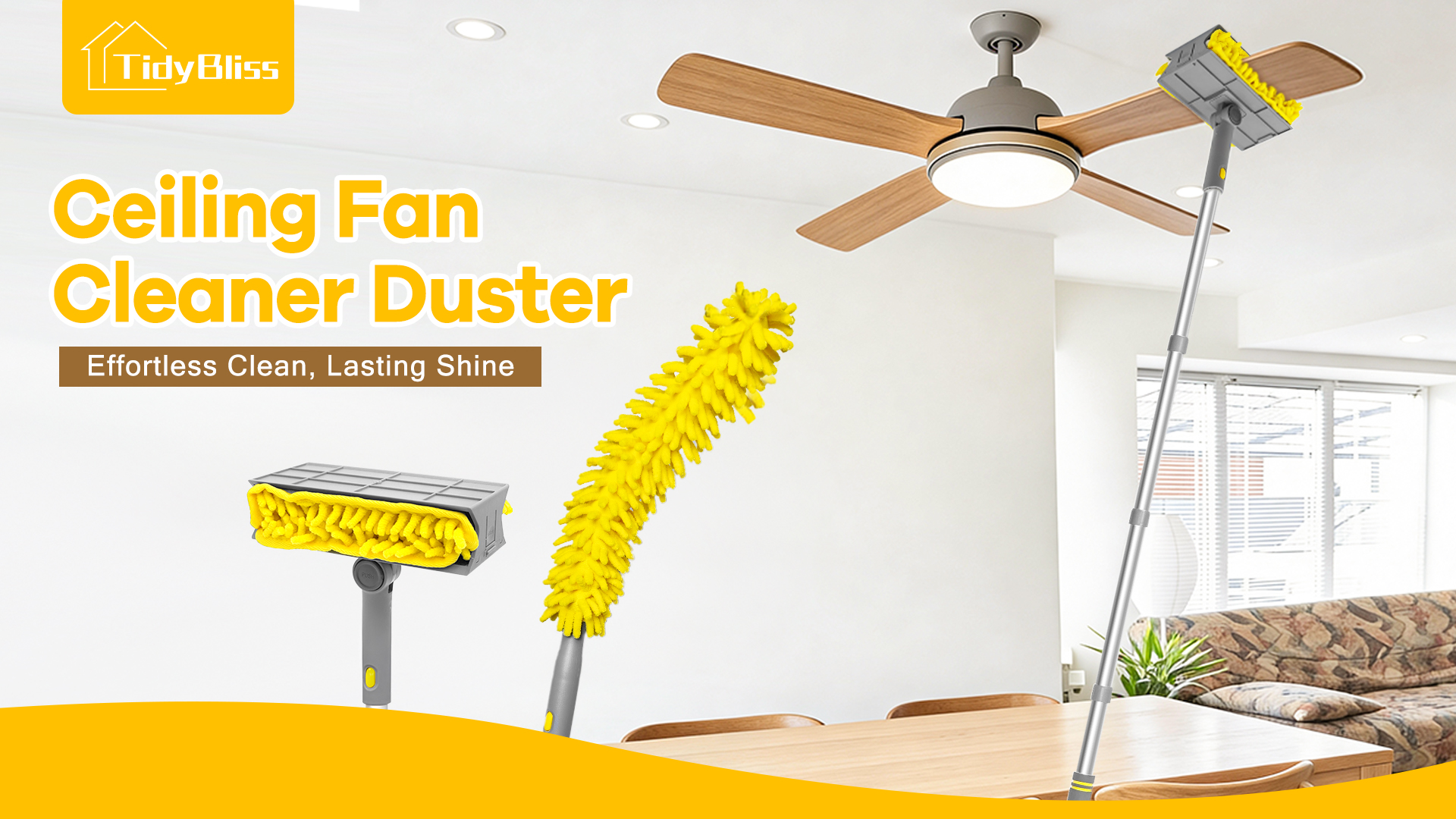 thumbnail video image 2 of TidyBliss 77" Ceiling Fan Cleaner Duster with Extension Pole (Yellow), 2 of 10