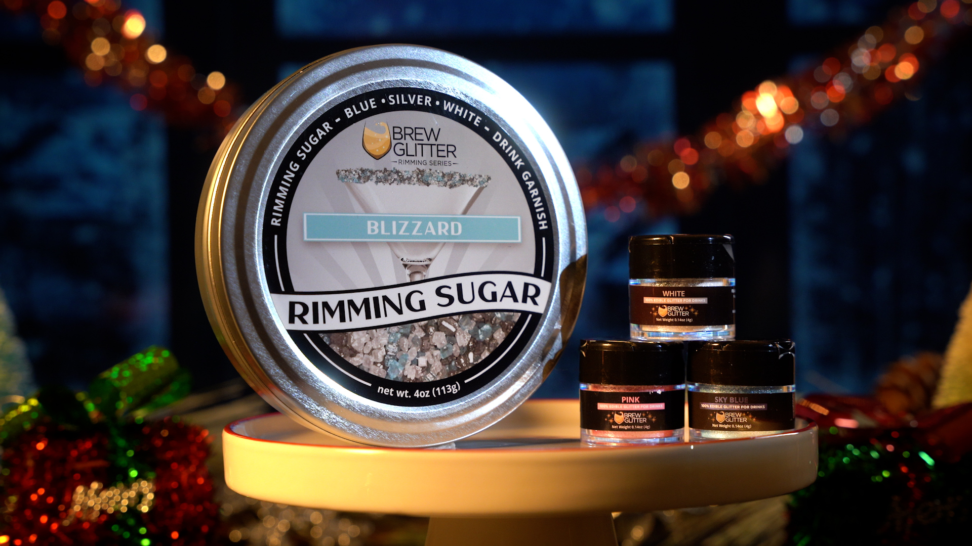 thumbnail video image 2 of Brew Glitter - Blizzard Blue, Silver and White Cocktail Rimming Sugar Combo - 4oz, Bar Tin, 2 of 13